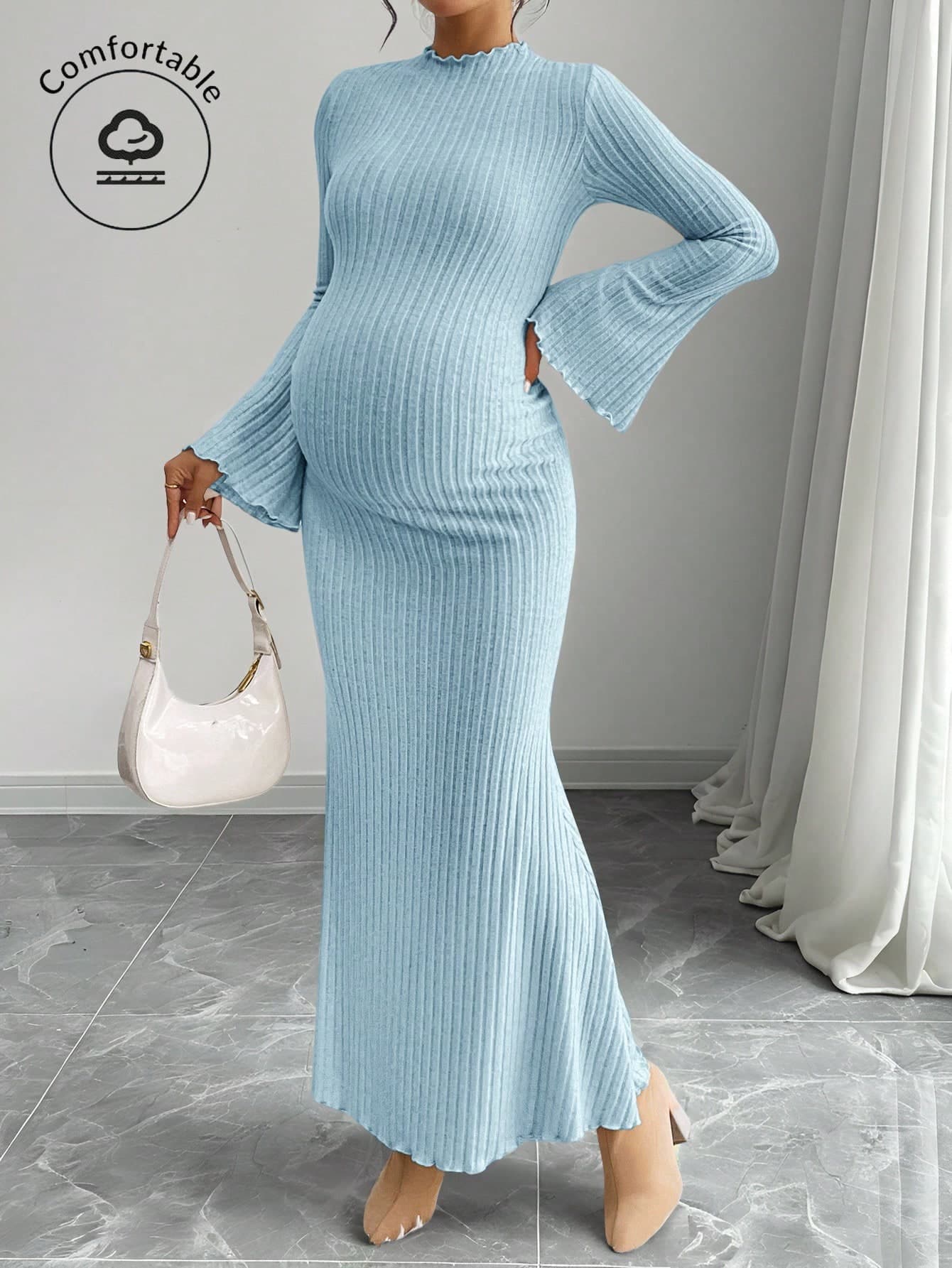 SHEIN Pregnant Women Solid Color Flared Sleeve Ribbed Fitted Mermaid Hem Elegant Dress Knit Maxi Baby Blue Maternity Pregnancy For Photoshoot Fall