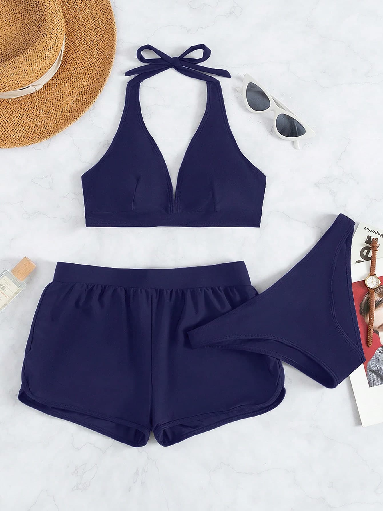 SHEIN Swim 2026 Spring/Summer 3pcs Set Solid Color Halter V-Neck Bikini Set With Triangle Bottoms,Briefs & Shorts Navy Blue Bathing Suit High Waist Swimwear