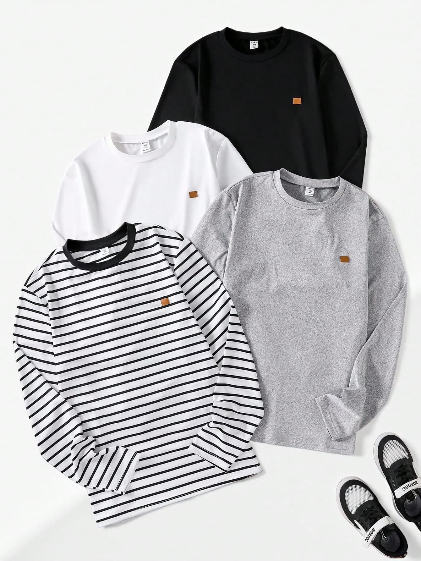 Vacaura 4pcs/Set Teenage Boys' Casual Basic Striped Round Neck Long Sleeve T-Shirts, Suitable For Autumn Wear And As Layering Piece Under Jackets In Winter