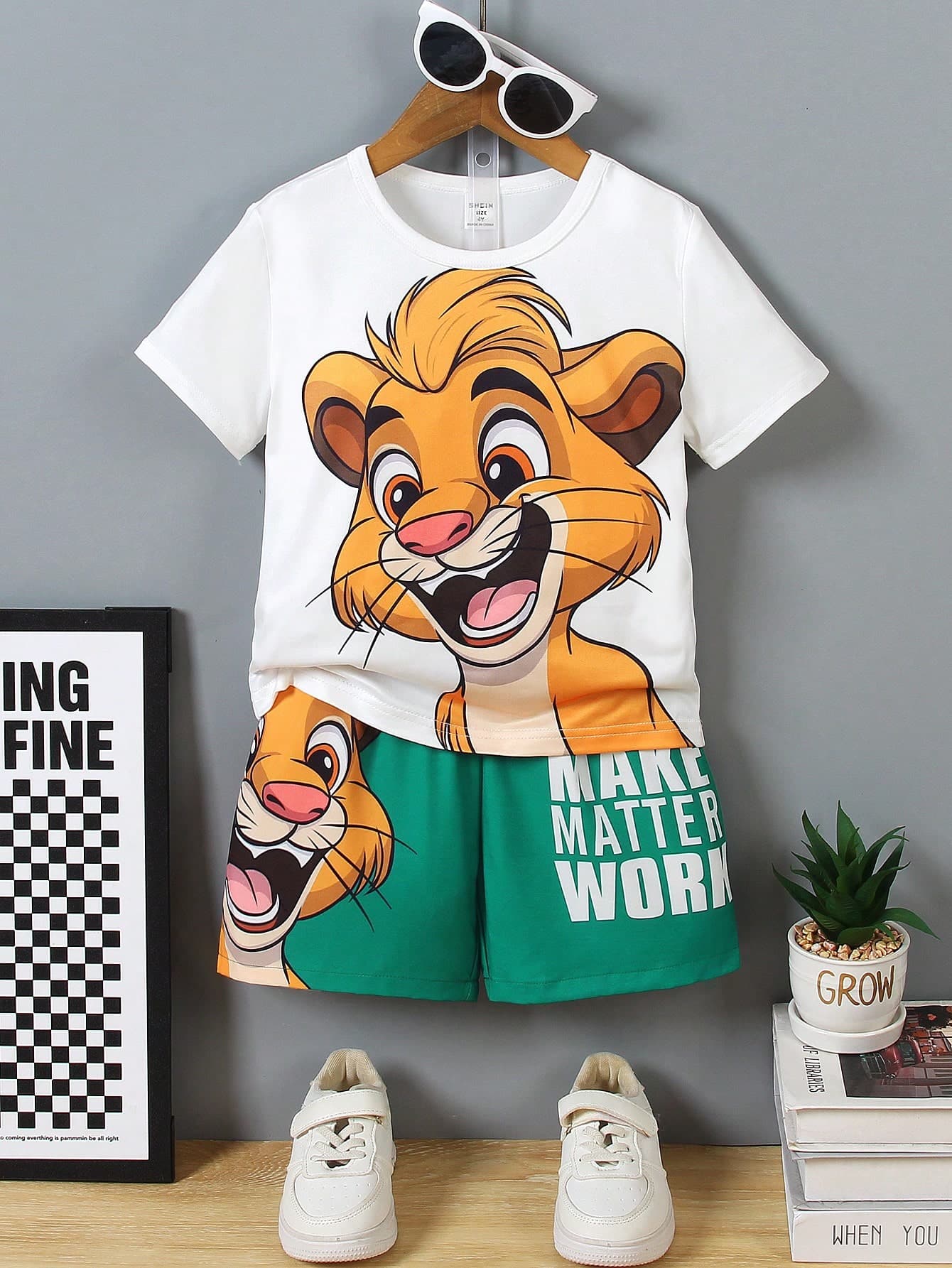SHEIN Summer Young Boy Round Neck Short Sleeve T-Shirt & Sports Shorts Set,Cute Cartoon Open Mouth Lion Print,Personalized Slogan Graphics,Outdoor Vacation