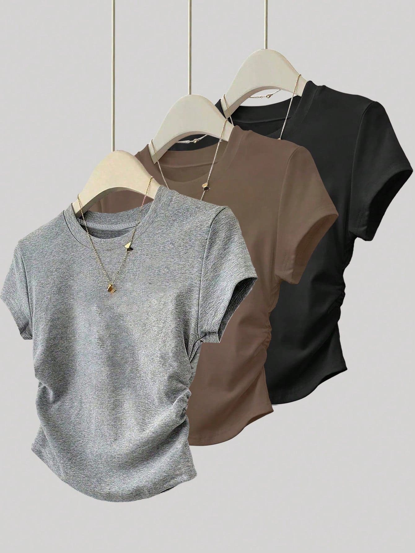 INAWLY 3pcs Women's Fitted Ruched T-Shirt,Pink And Grey,Summer,Casual,Everyday,Outdoor Tops,Light Gray,Mocha Brown,Black,Fashionable,Back To School Season