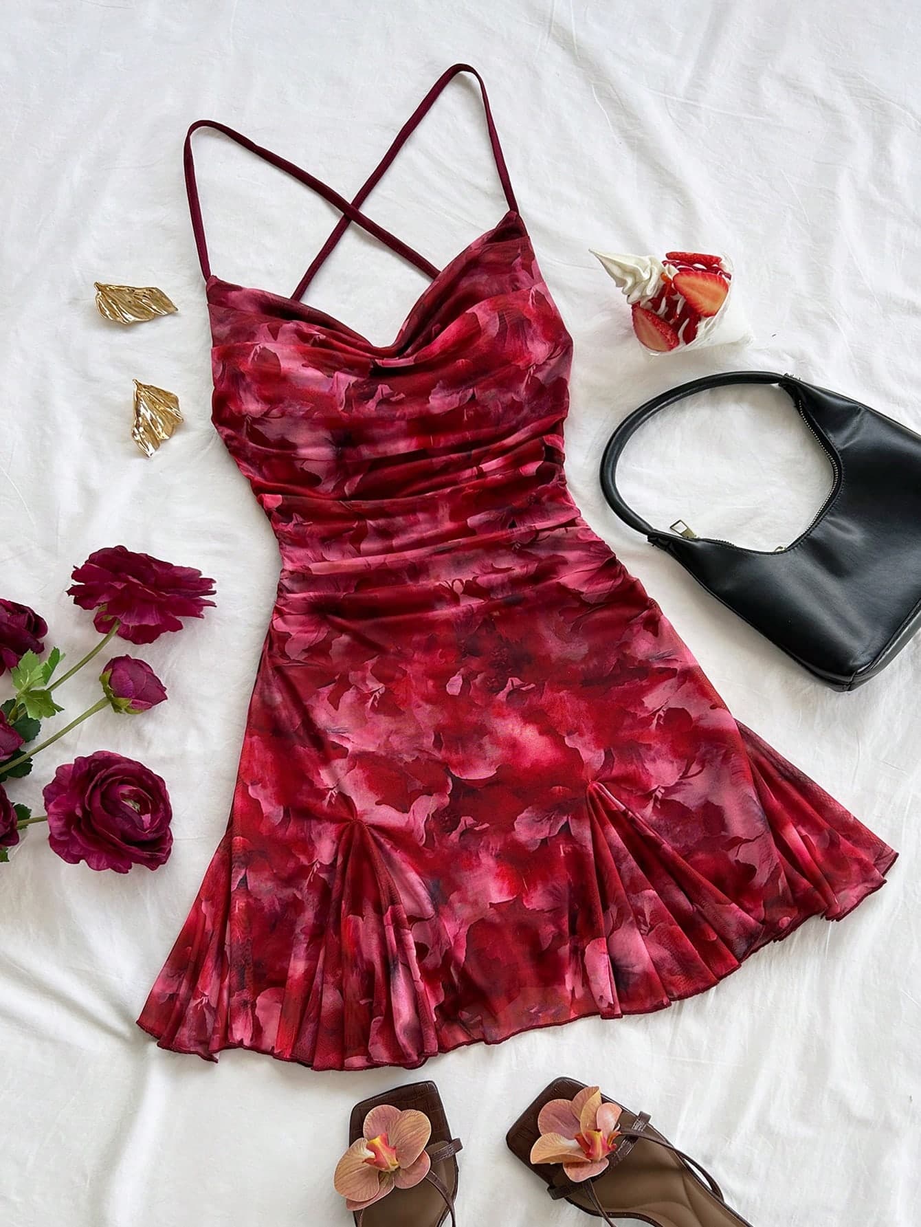 Soleia Women's Burgundy Summer Spaghetti Strap Mini Dress,Draped Neck,Backless,Bow Tie,Fishtail,Seductive Night Out Mesh Girlish Beach Outfit
