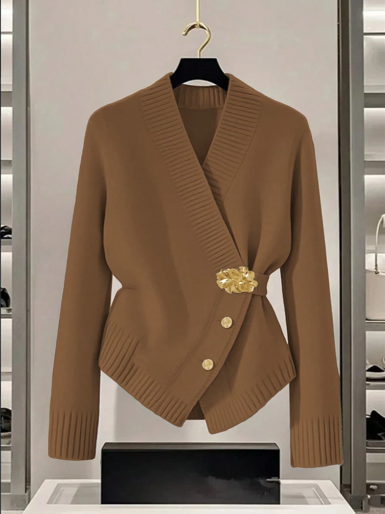 GlowEve Women's Blue Sweater, New Autumn/Winter Metal Button Asymmetrical Closure Cardigan, Versatile & Minimalist Design For Commuting  Brown