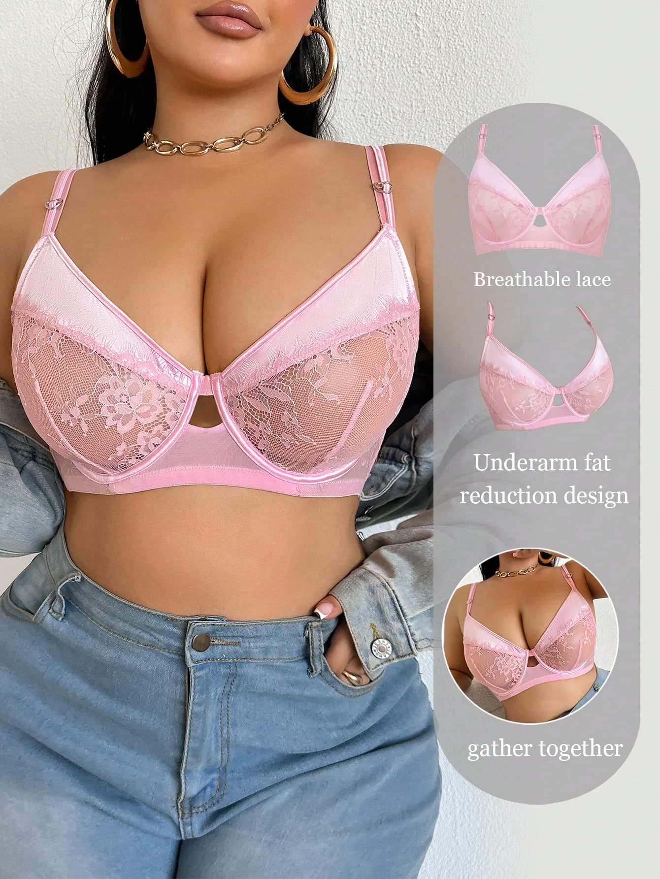 DesireSculpt 1pc Plus Size Lace Patchwork Underwire Bra