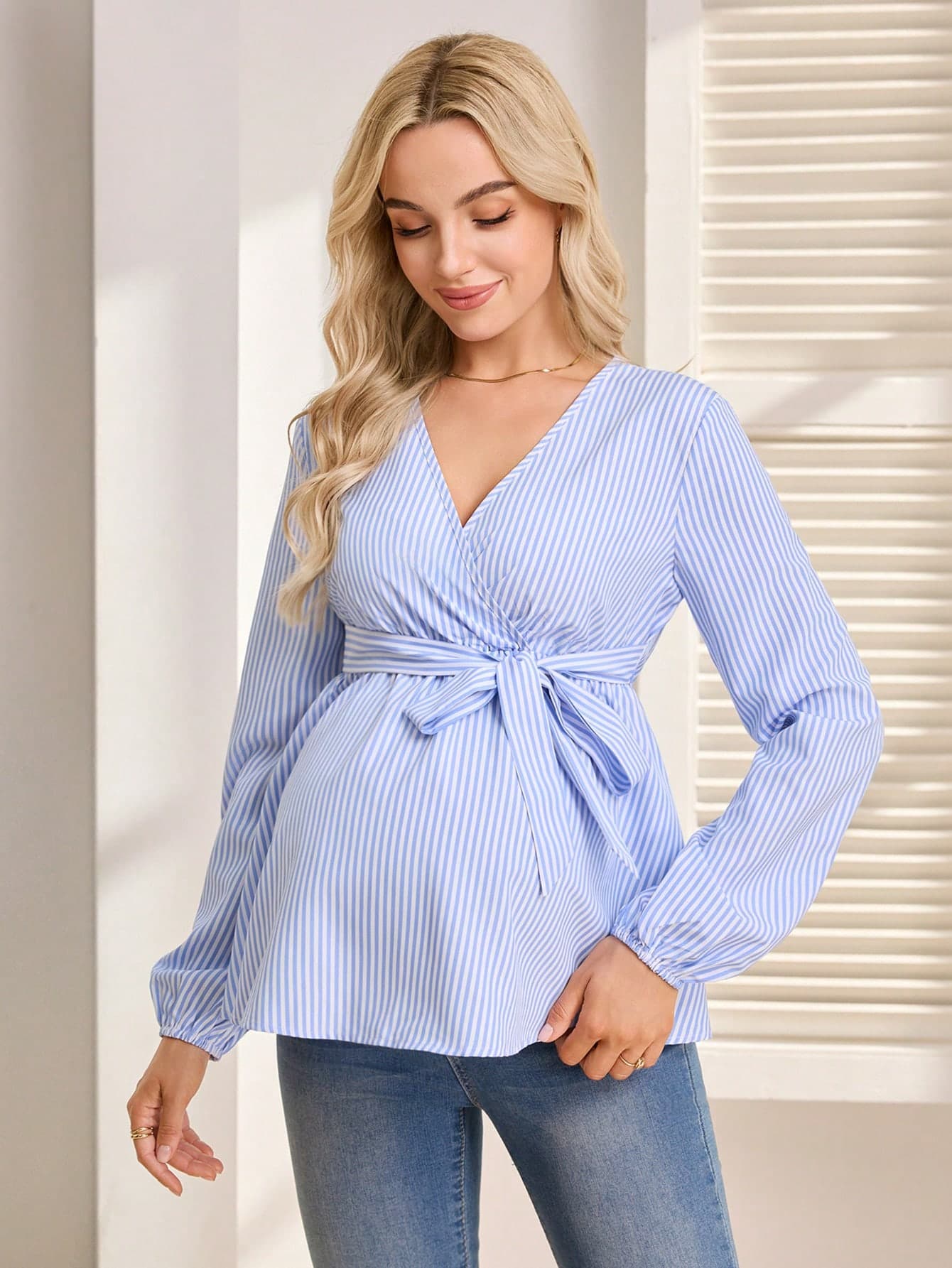 SHEIN Maternity Loose V-Neck Long Sleeve Flared Baby Blue Casual Shirt Spring Baby Shower Fall