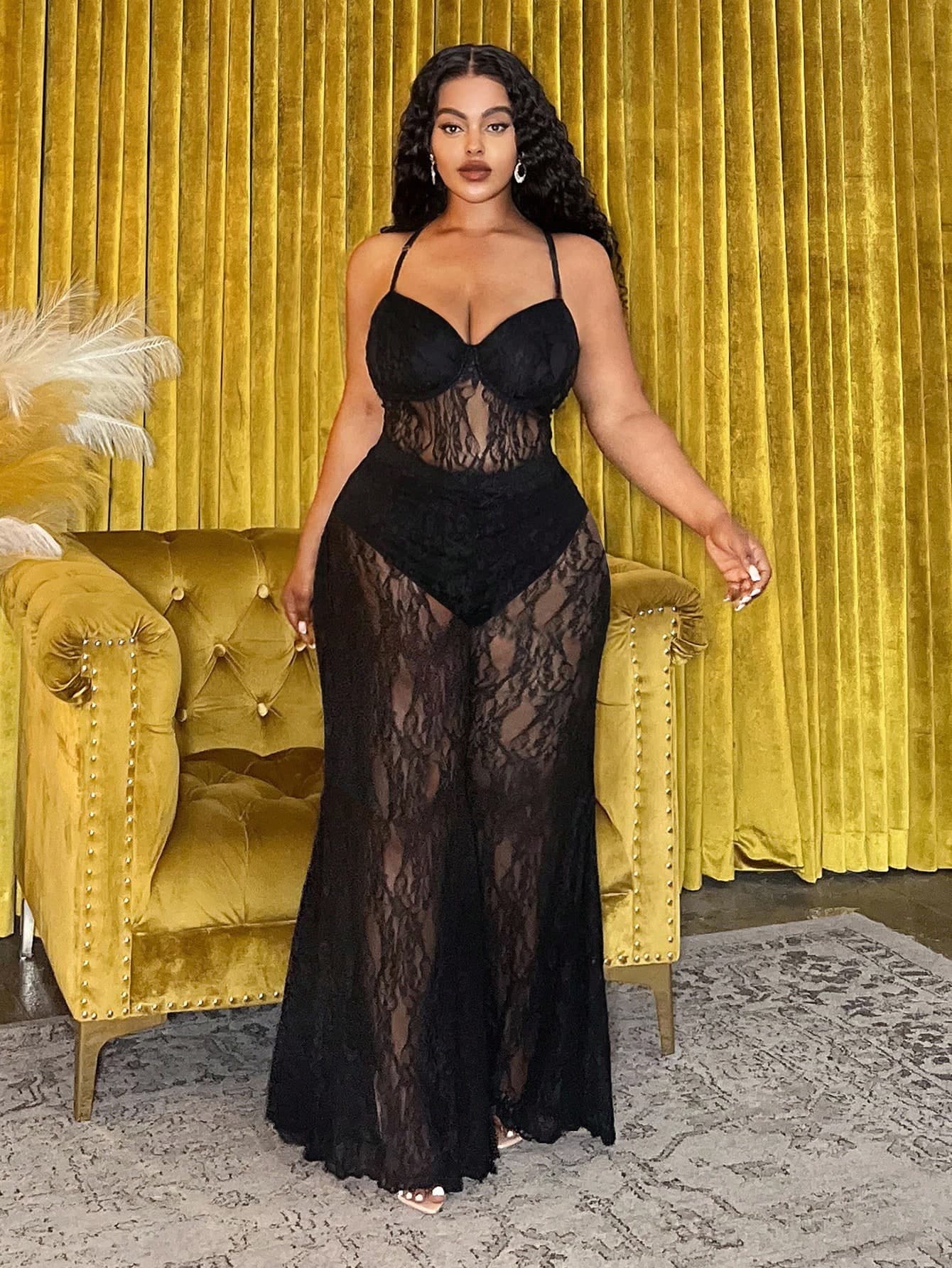 Slaydiva Plus Size Women's Black,Summer,Elegant,Formal,Evening,Night Out Club Sheer Lace Camisole Jumpsuit With Flare Pants, Birthday Party Lounge Sets