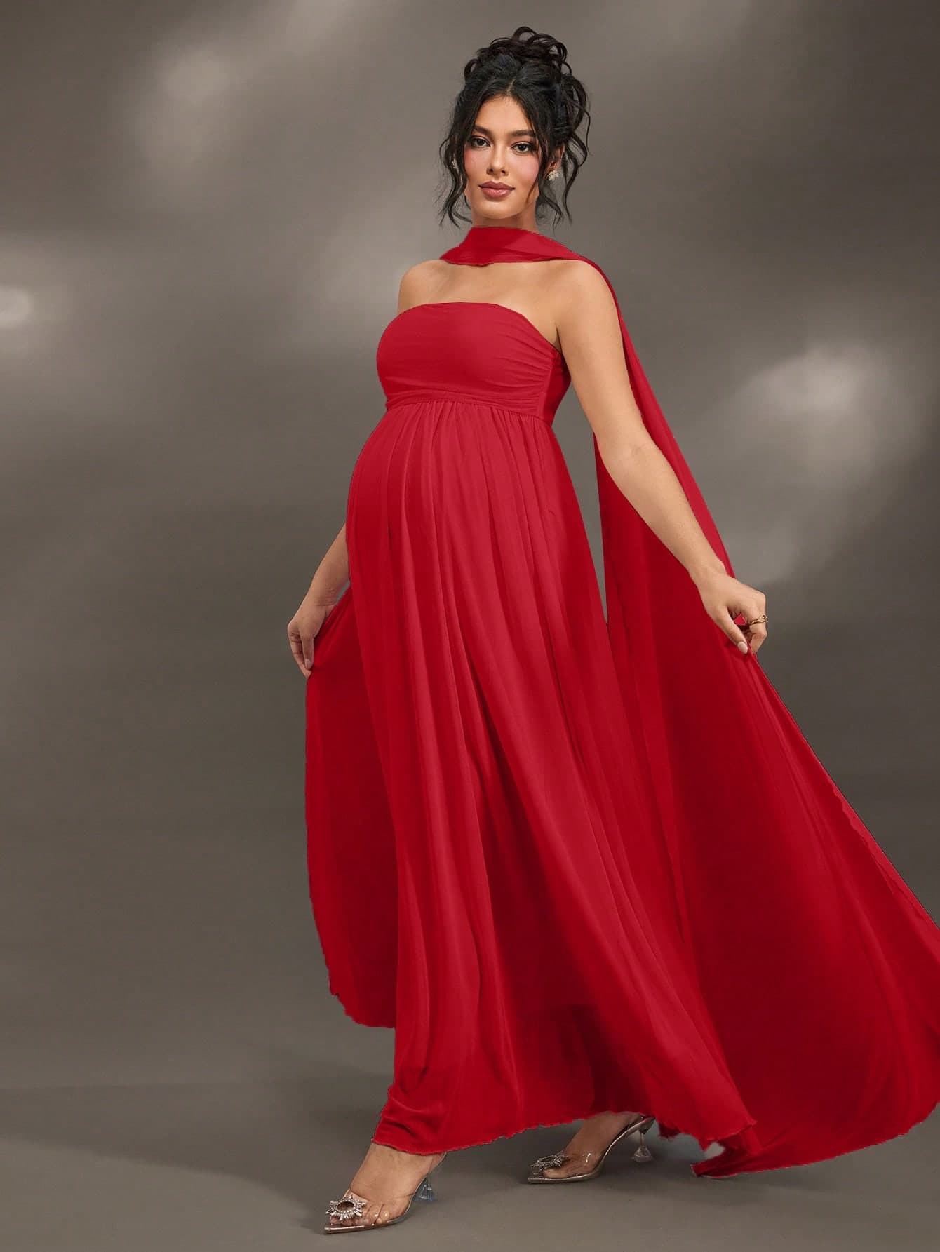 Cheriluna Maternity Elegant Ruffle Detail Solid Color Off-Shoulder Sleeveless Maternity Dress For Baby Shower, Christmas Party