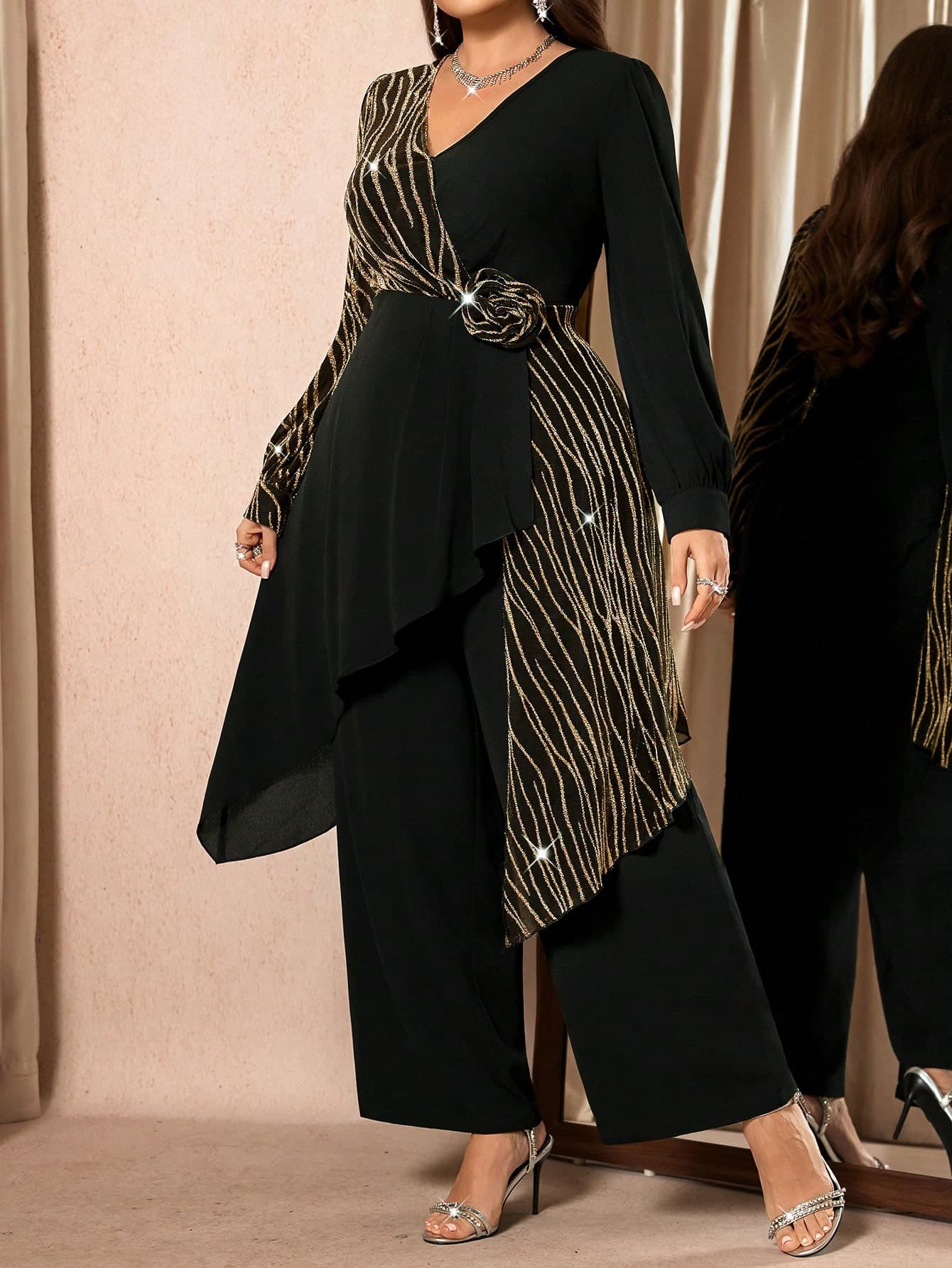 SHEIN Clasi Plus Size Women 2 Pieces Set, Black And Gold, Autumn, Elegant, 3D Floral V-Neck Long Sleeve Asymmetric Blouse & Straight Pants For Party Christmas