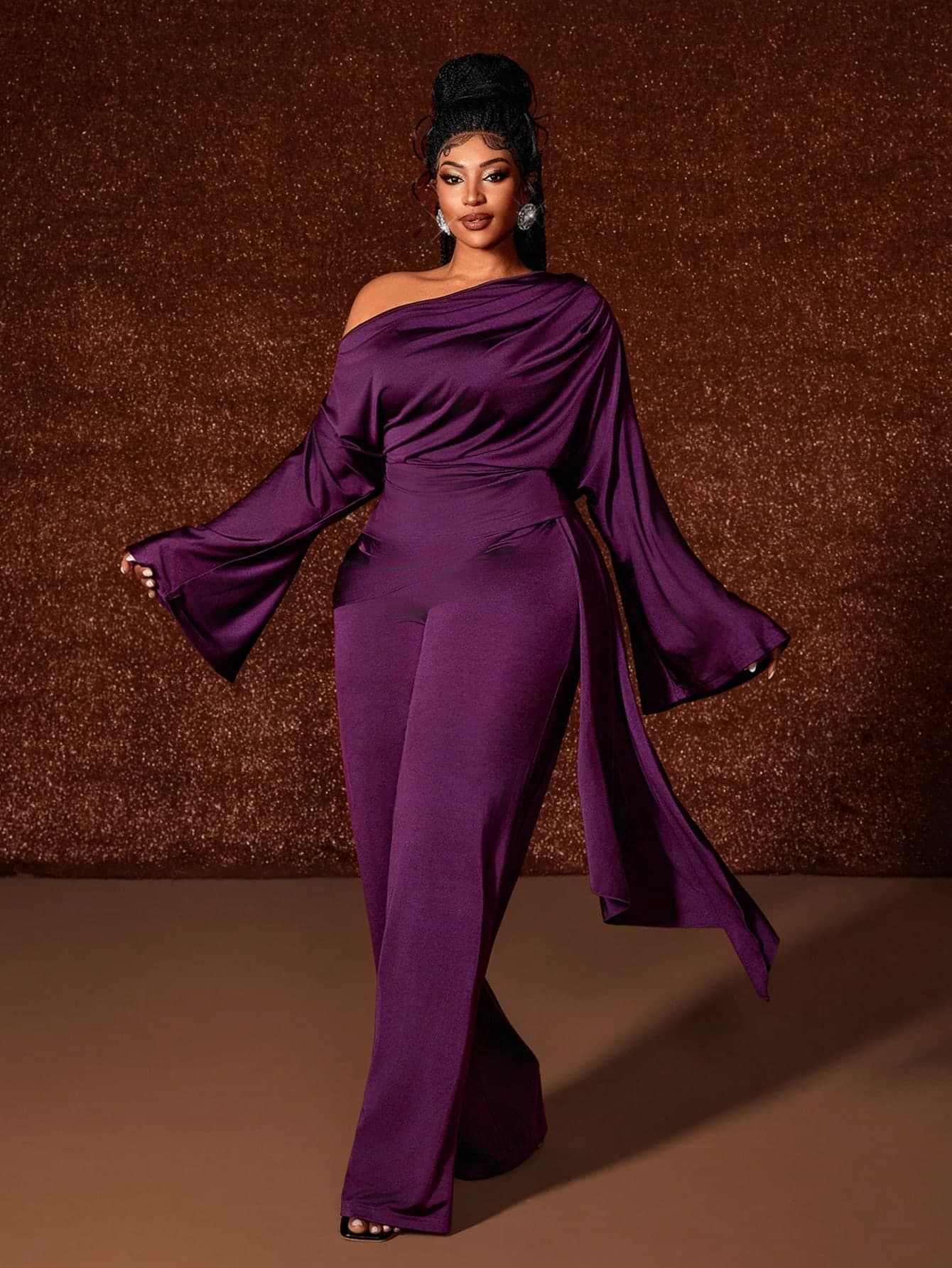 Maweii 2pcs/Set Plus Size Purple Oblique Shoulder Fitted Jumpsuit With Flowing Pants, Autumn Fall