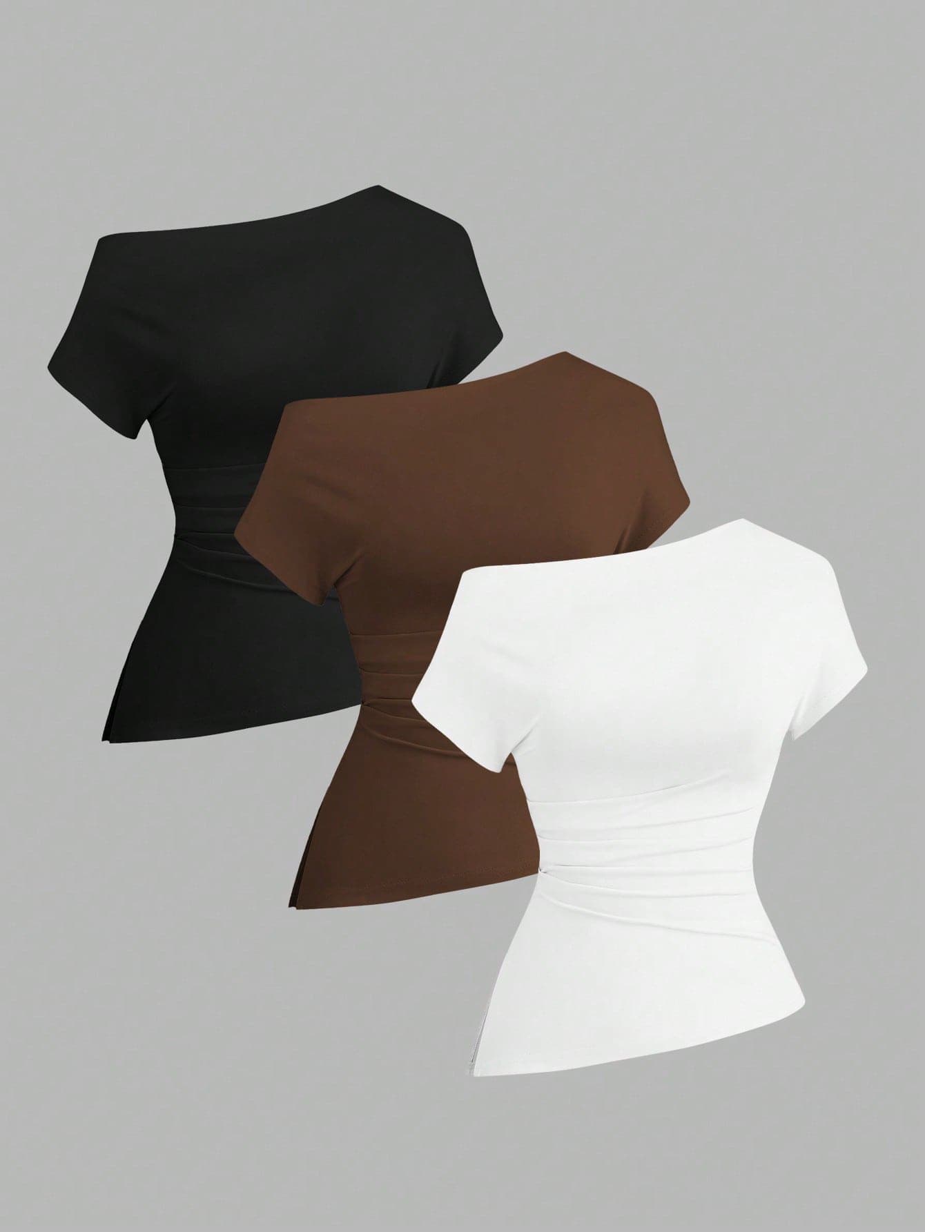 Sweetra 3pcs Women's Casual Solid Color Asymmetrical Neck Comfortable Ruched Fitted T-Shirts, Summer