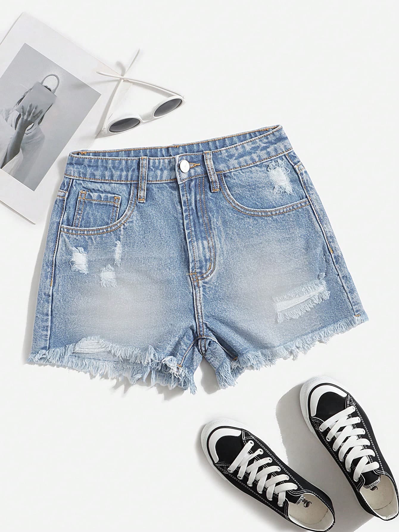 SHEIN EZwear Ripped Raw Cut Denim Shorts