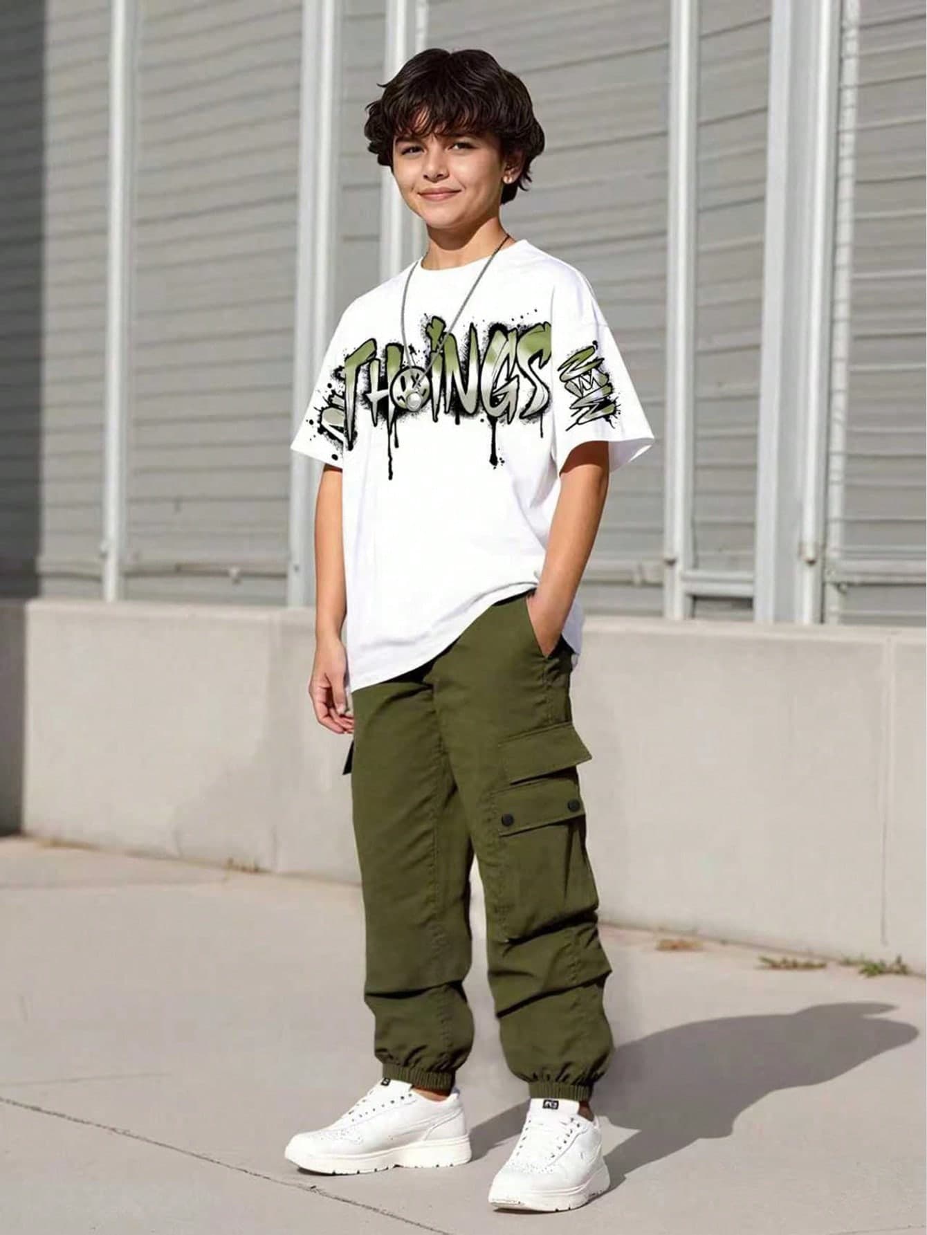 Vacaura 2pcs/Set Boys' Comfortable Loose Fit T-Shirt And Straight Leg Pants Outfit, Suitable For Casual, Sports, And Daily Wear