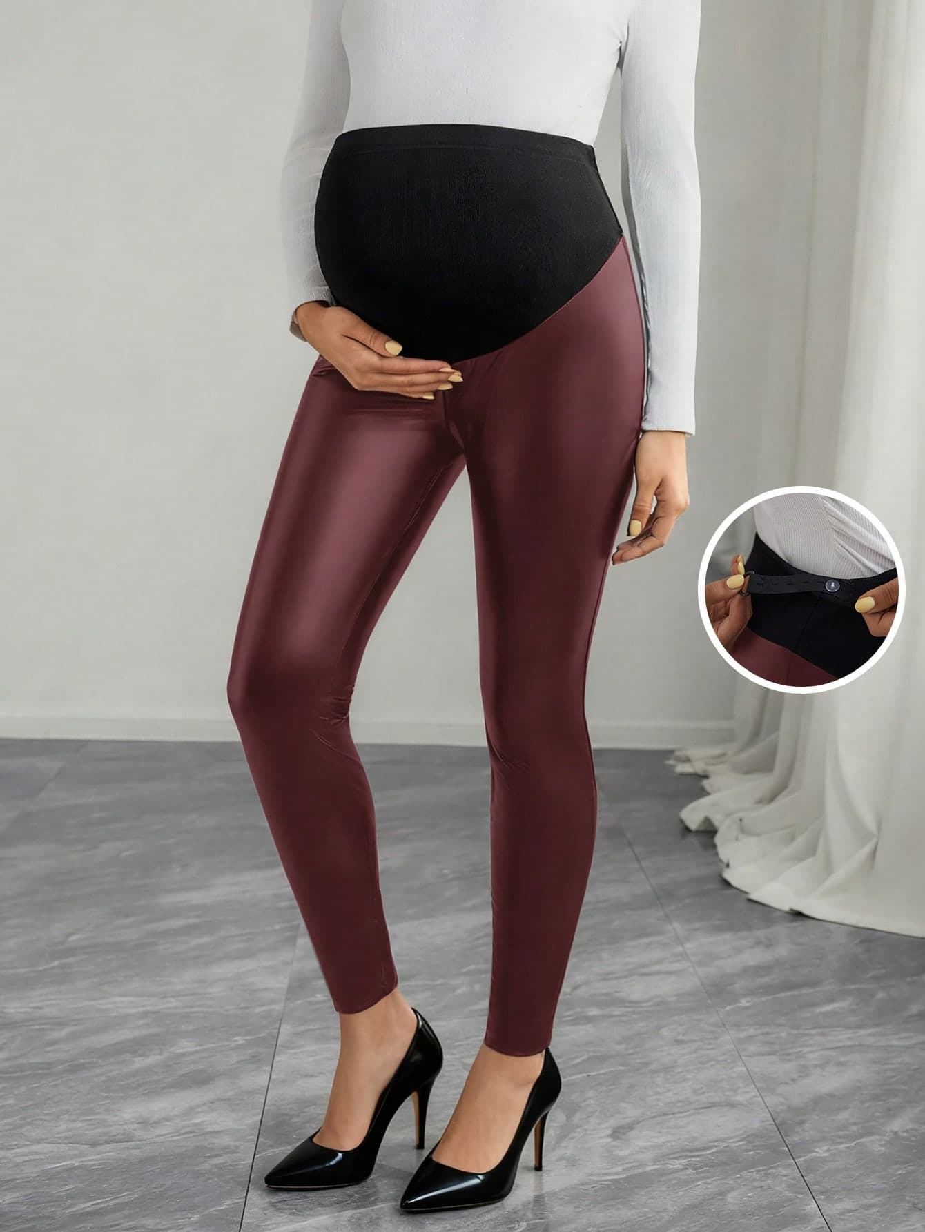 Momance Maternity Leggings High Elastic Belly Support PU Leather Skinny Pants