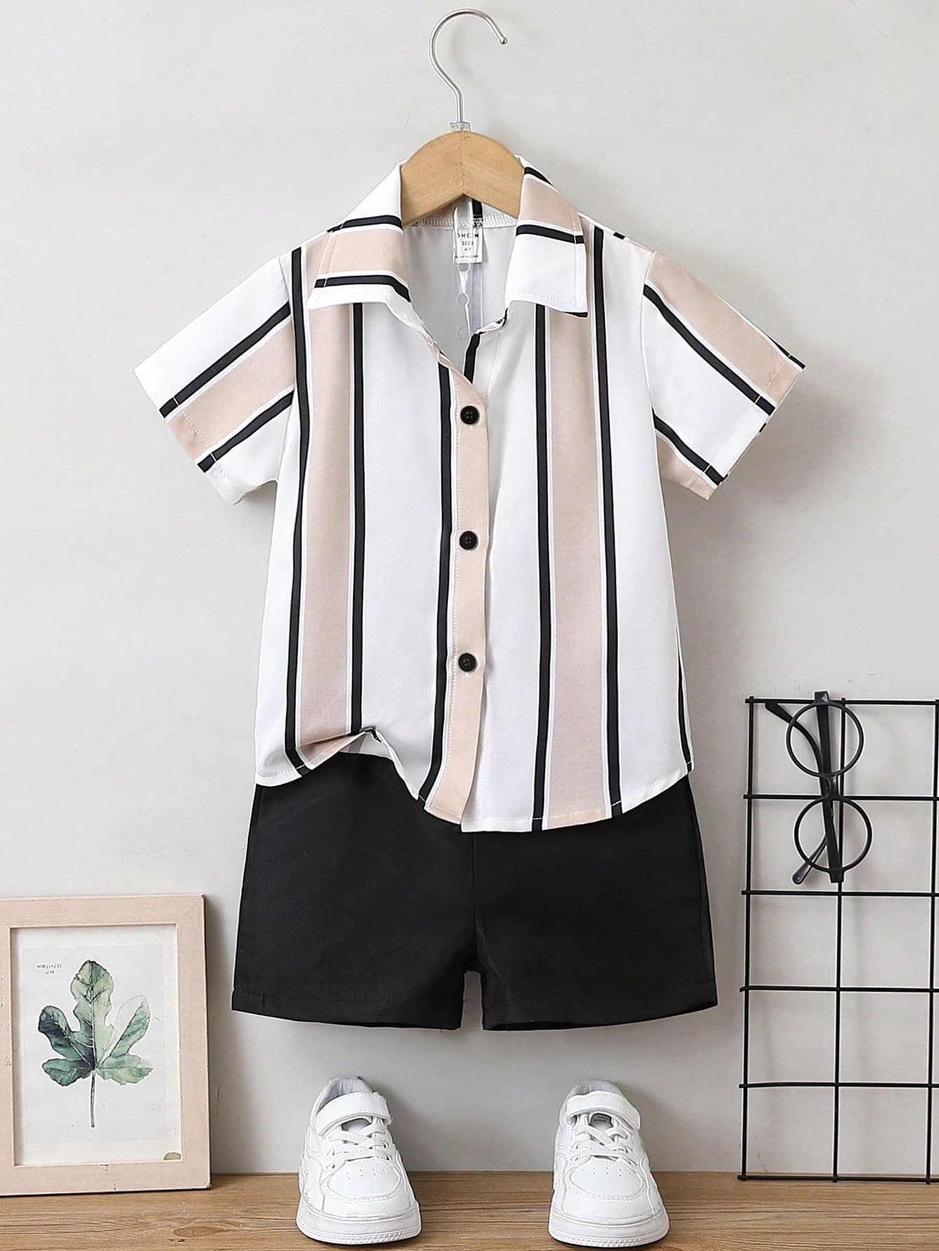 SHEIN Young Boy Color Block Striped Print Short Sleeve Shirt And Shorts Set, School, Campus, College Summer Holiday