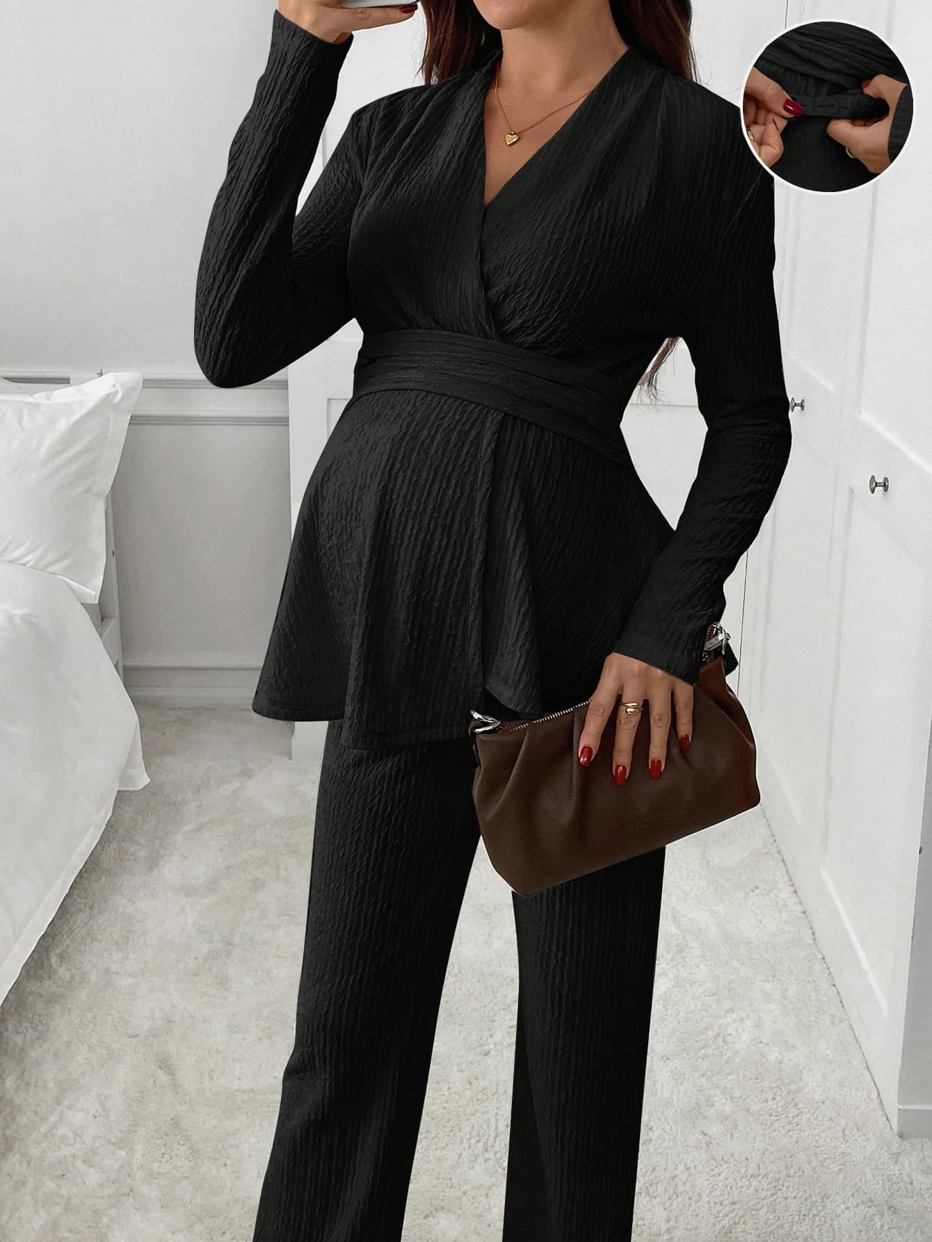 SHEIN 2pcs Maternity Solid Color Wrap Front Long Sleeve Top And Pants Elegant Set Black Two Piece Suit Women Outfits For Jumpsuits Clothes Suits Fall