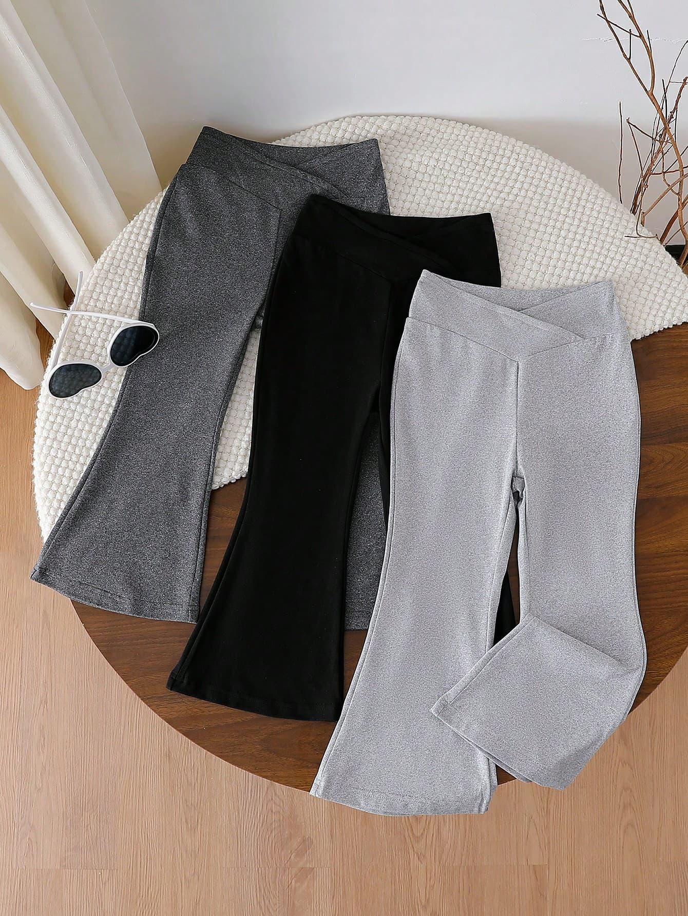 SHEIN Genkimix Kids 3pcs/Set Young Girls' Basic High Waist Flared Pants,Black,Dark Gray&Light Floral Gray Leggings,Suitable For Everyday,Summer,Back-To-School
