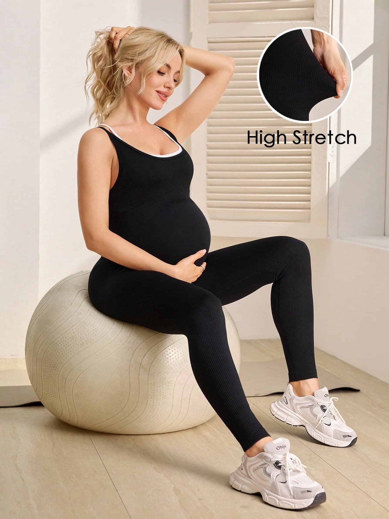 SHEIN Pregnant Women's Ribbed Backless Criss-Cross Design Sleeveless Casual Yoga Jumpsuit