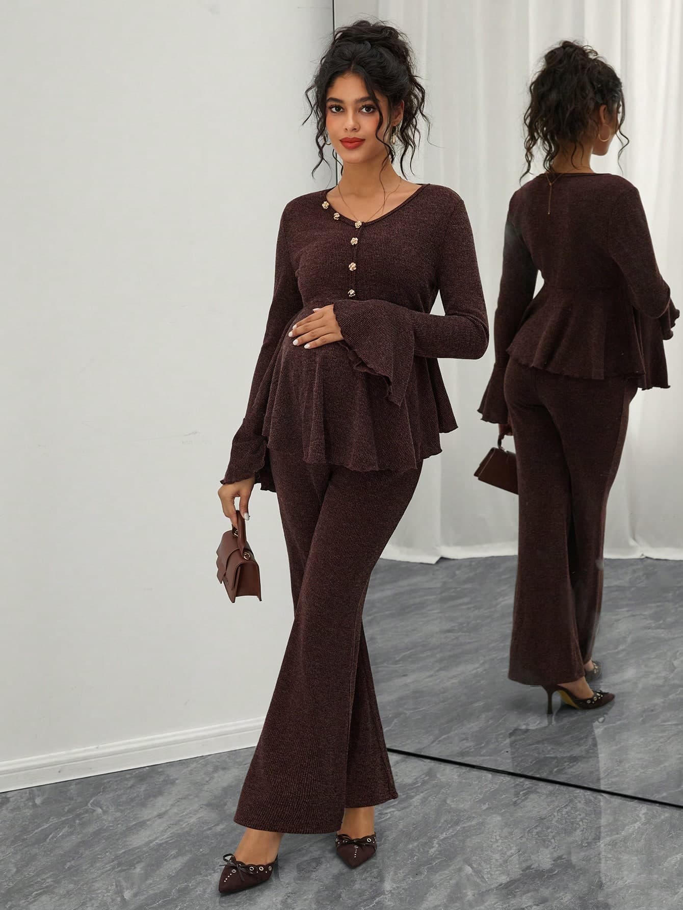 Momance 2pcs Maternity Ruffle Trim Button Split Crew Neck Long Sleeve Top And Flare Leg Pants Set