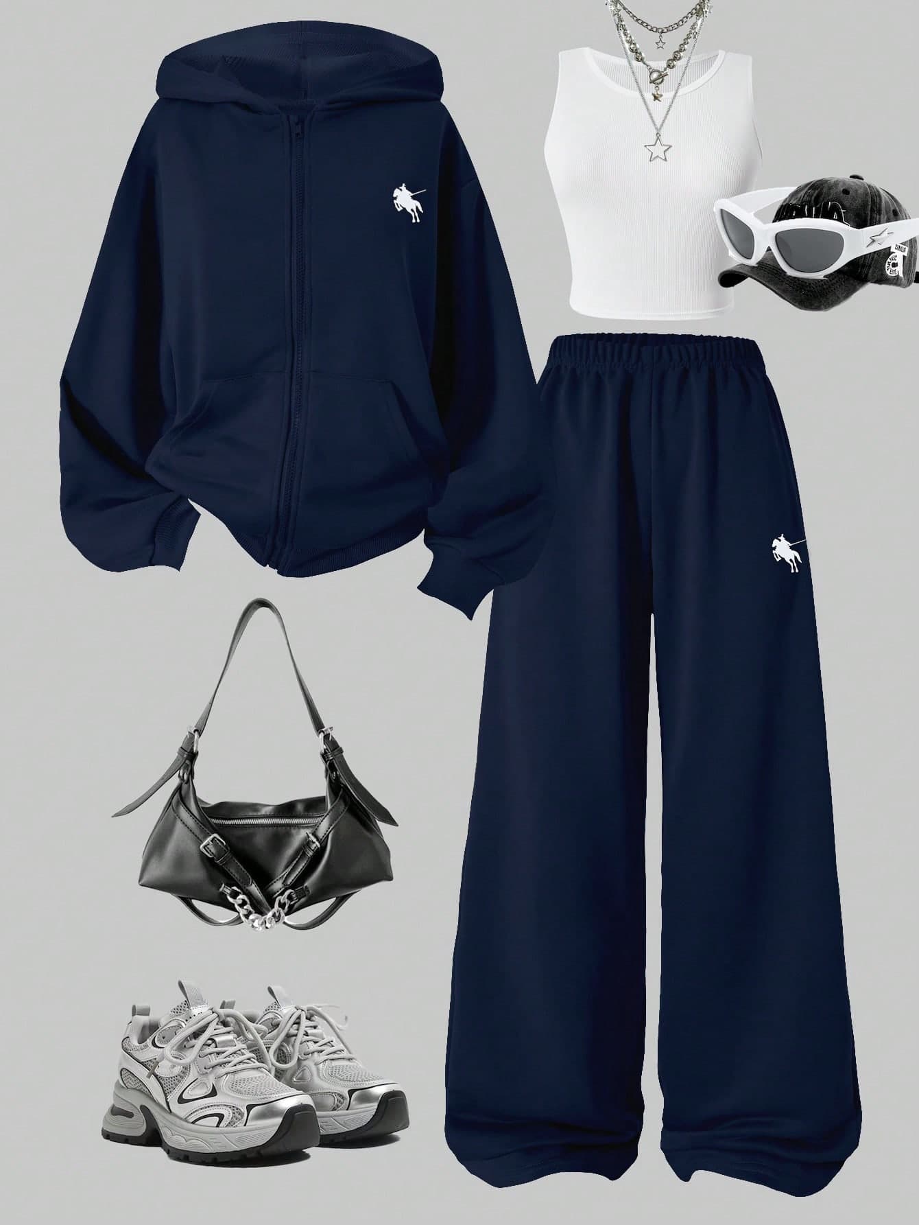Sparklyn 3pcs/Set Teen GirlCasual Outfit, Including Hooded Zip-Up Sweatshirt With Horse Print, White Tank Top, And Elastic Waist Straight Leg Pants, Autumn