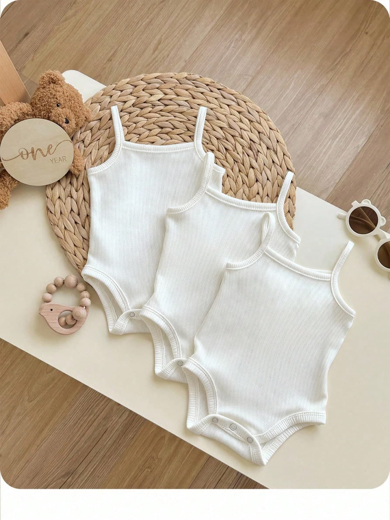 SHEIN Everyday Casual Basic Modest Baby Girls White Plain Cami Bodysuit Soft Fabric Sleeveless, Baby Girl 1st Birthday Summer