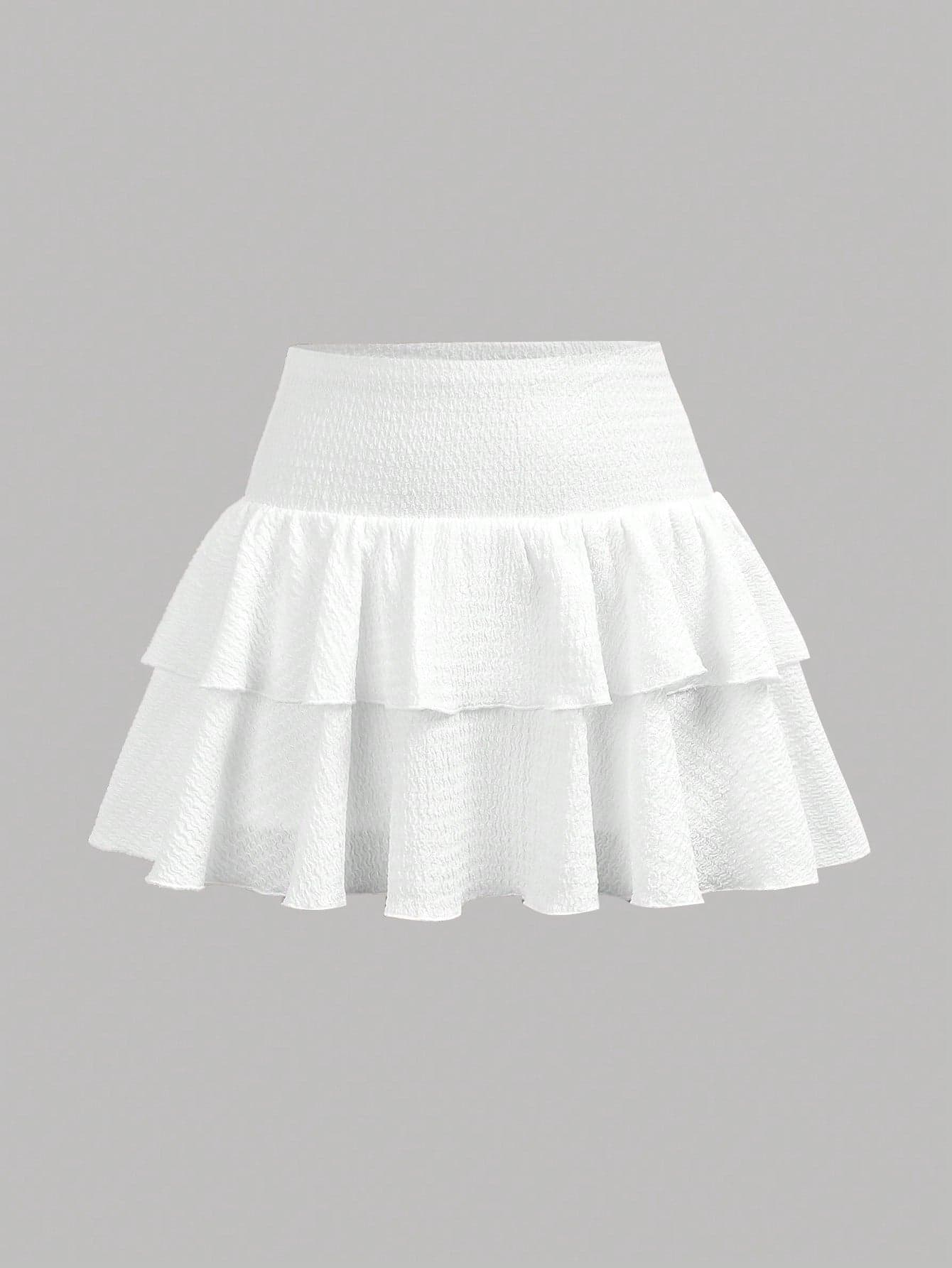 SHEIN Girlism Teen Girls Casual, Sports, School, Back To School, White Layered Ruffle Hem Skater Skirt