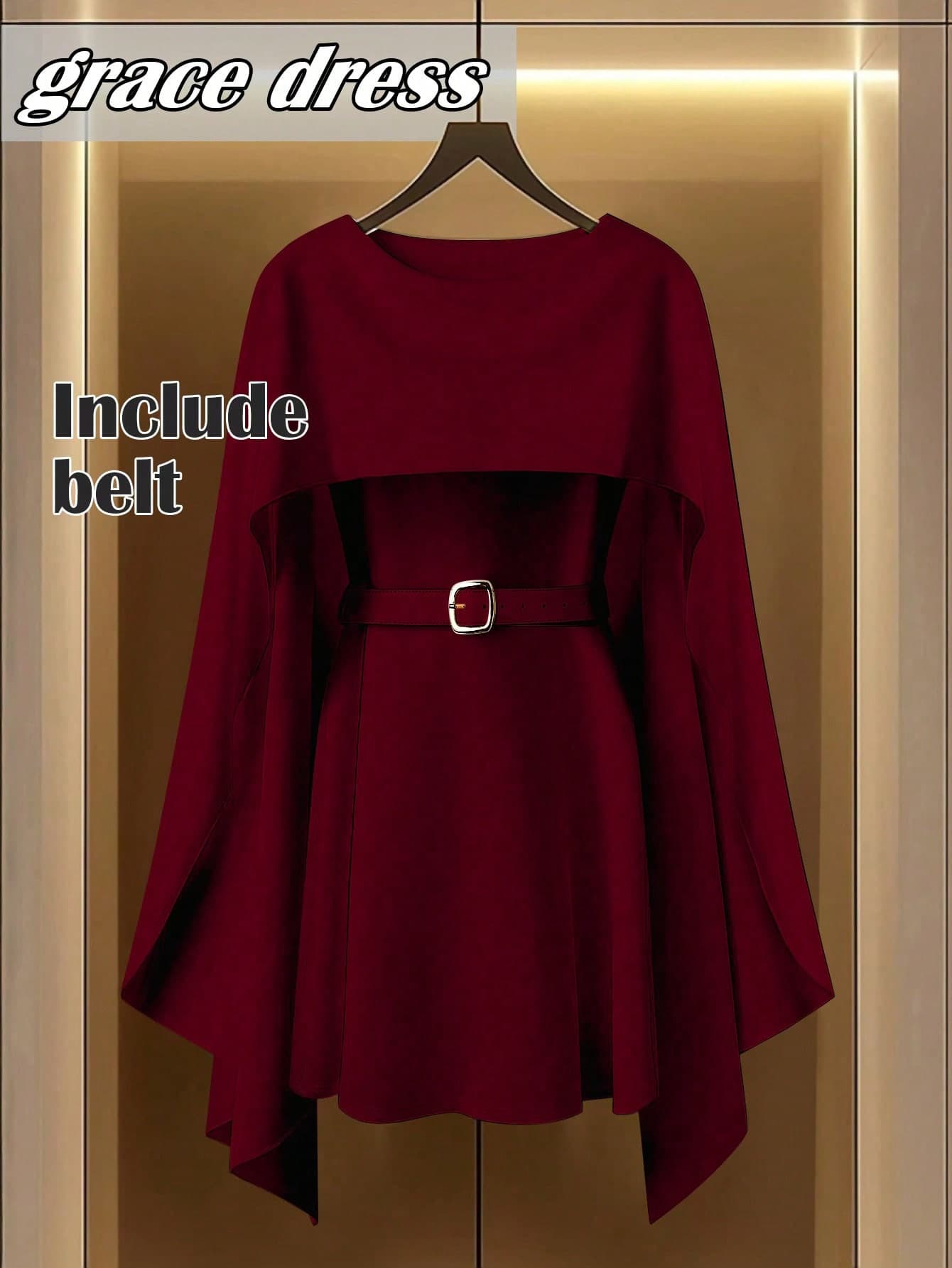 SHEIN Clasi Standard Size Women's Apricot Waist Cinched Cape Collar A-Line Short Dress