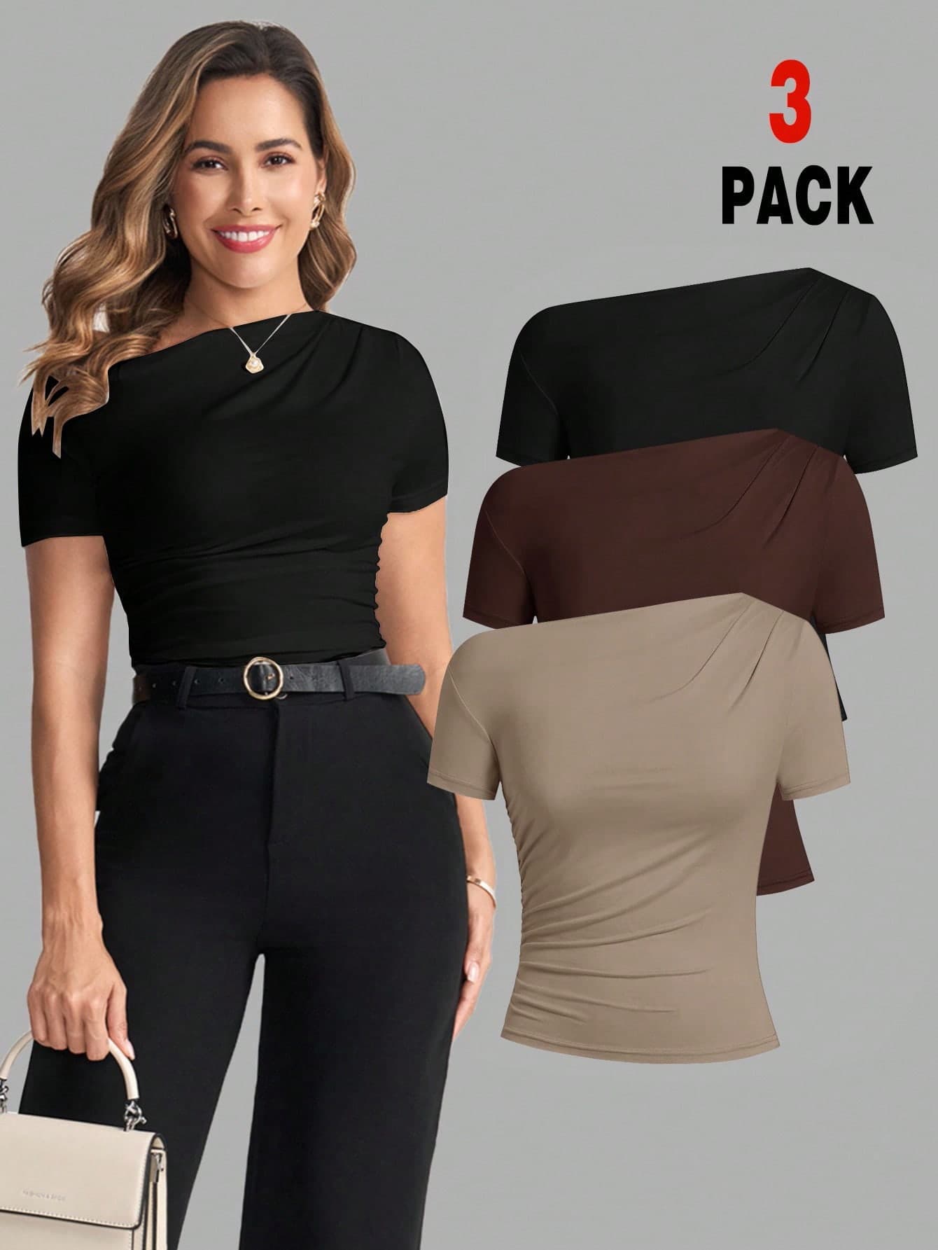SHEIN Clasi Women's Solid Color Oblique Shoulder Short Sleeve Fitted Fashion T-Shirt, Summer