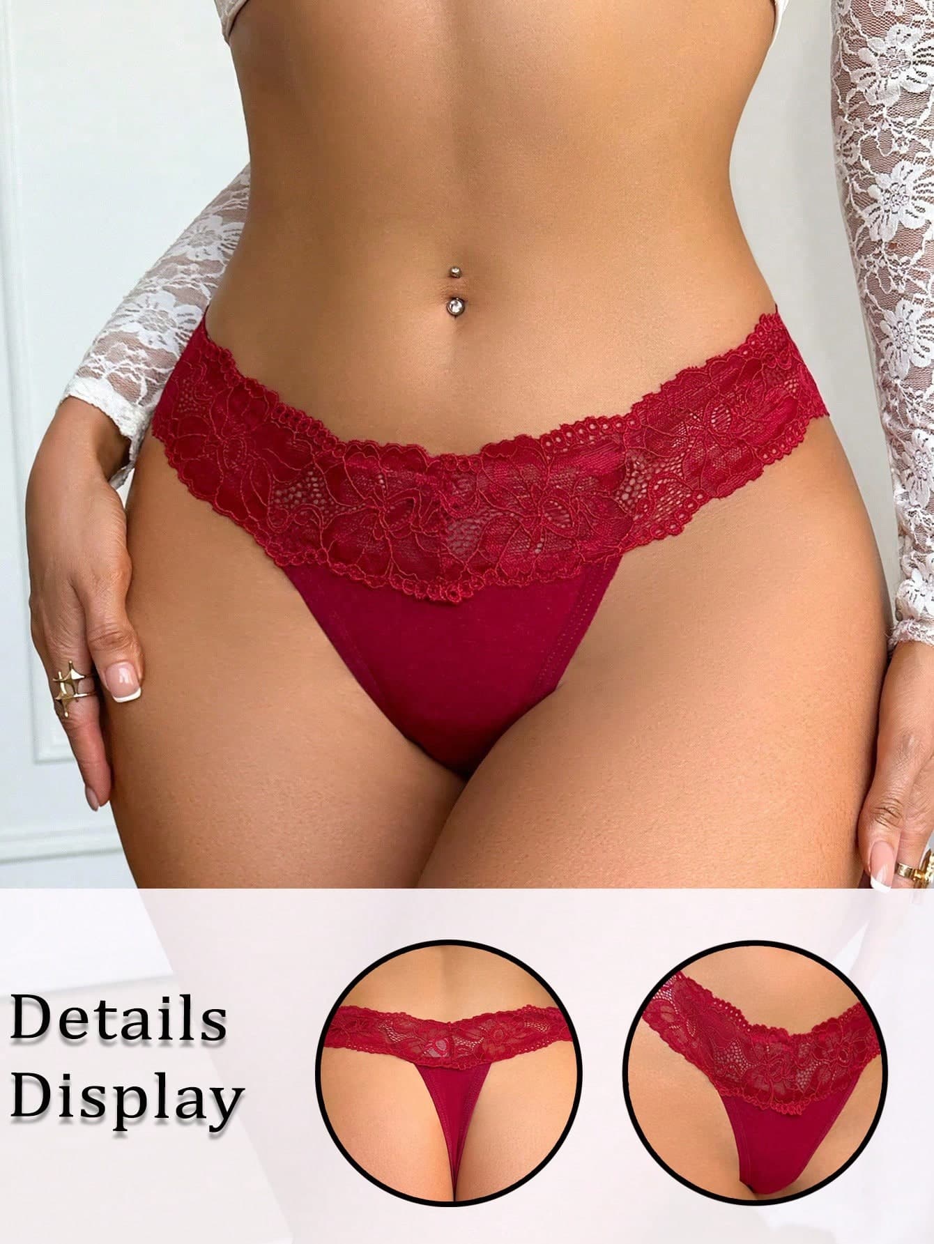 Seduluxe 1pc Sexy Solid Color Lace Splice Seamless Thong Panty, Christmas