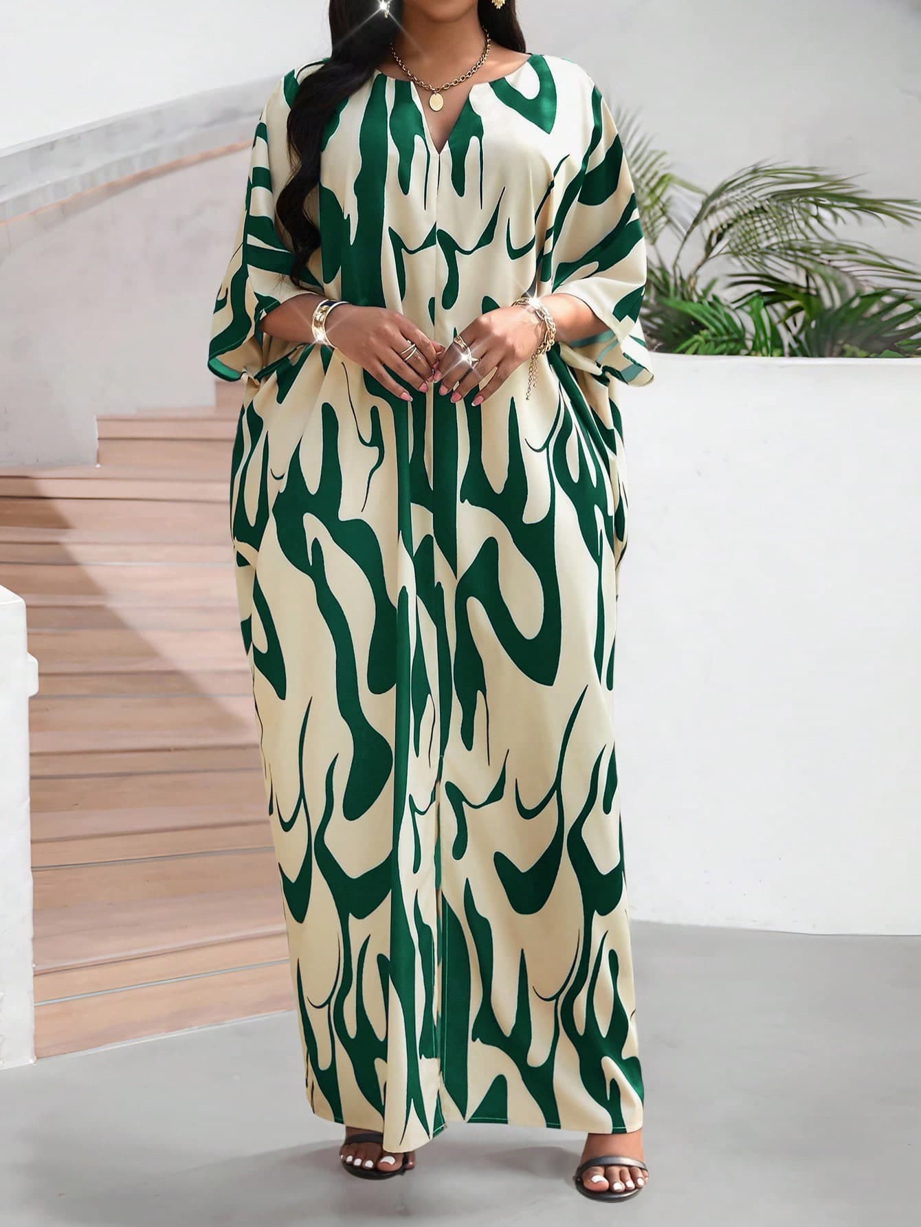 SHEIN Lady Women's Elegant Commuter Full Print Batwing Sleeve Dress Green Maxi Dress Women