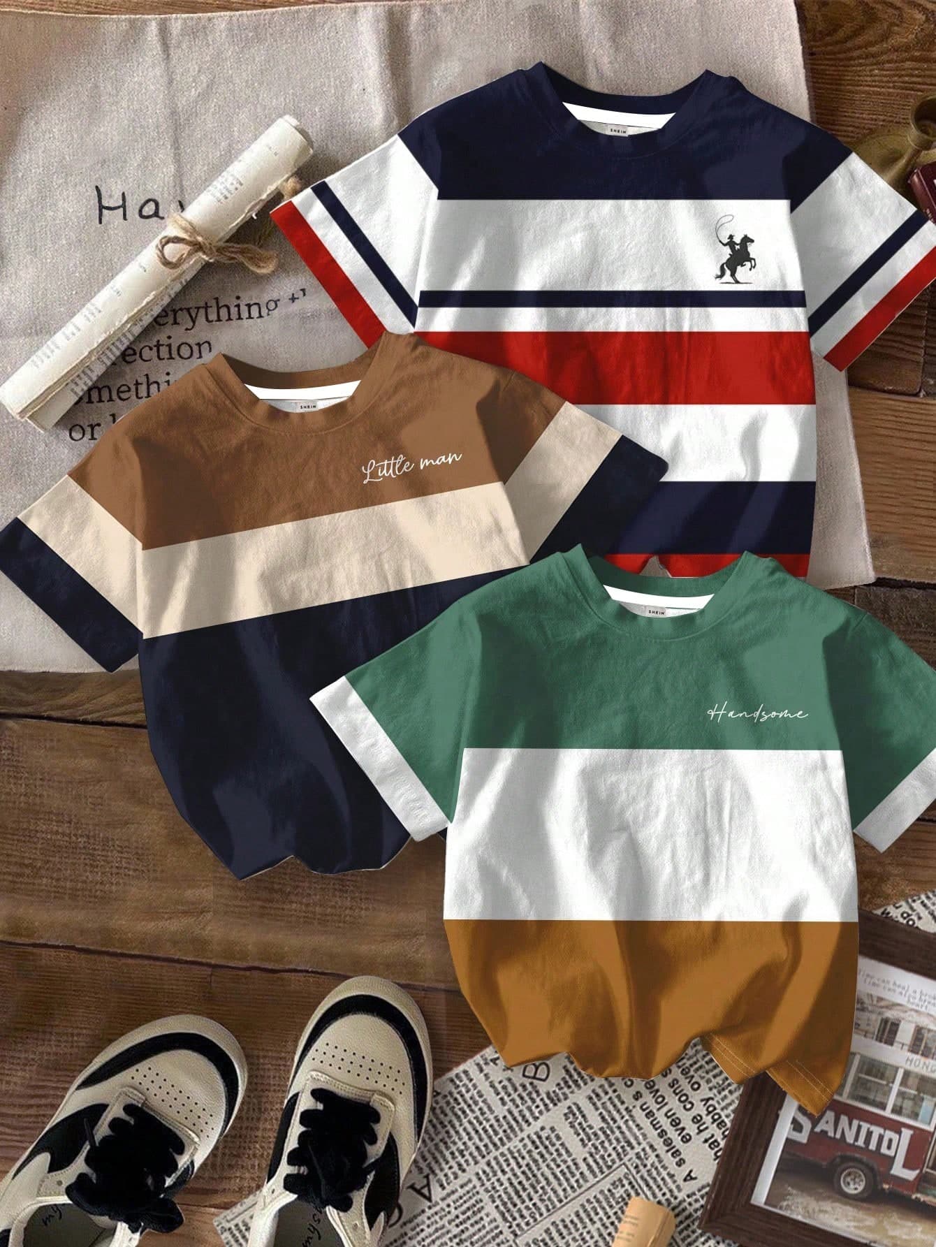 3pcs Tween Boy Casual Color Block Print Short Sleeve T-Shirts,Blue And White Stripe,Summer,School,Back-To-School,Matching Brothers Preppy Korean Tops