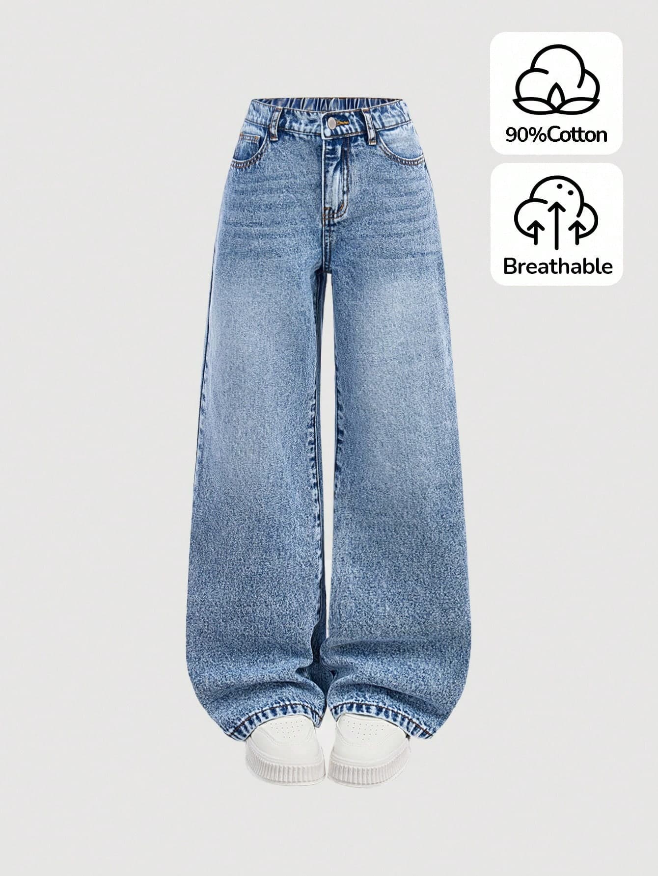SHEIN Tween Girl Y2K Retro Washed High Waist Cat Whisker Washed Baggy Wide Leg Jeans, Fall Winter Back To School Streetwear