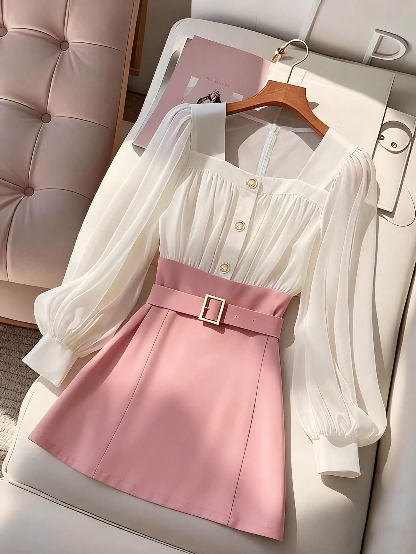 Franclia Women's Elegant Commuter Color Block Lantern Sleeve Dress Fall Cloth For Women