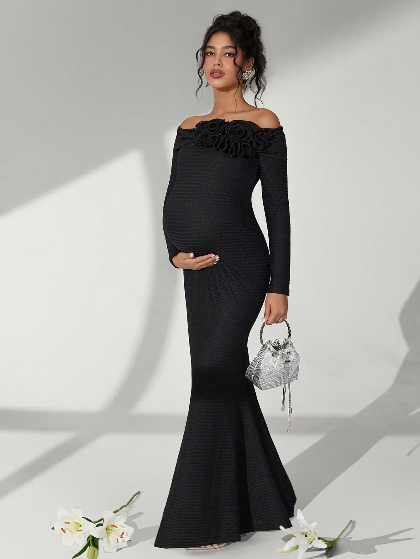 Cheriluna Maternity Maternity Long Sleeve Off Shoulder 3D Floral Fishtail Dress, Elegant Photoshoot Outfit