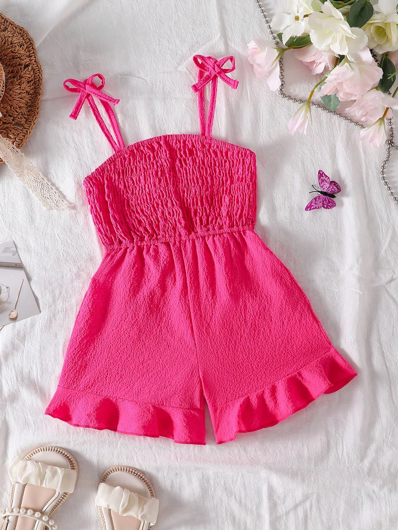 Genkimix Kids Young Girl Romper,Cerise Pink,Summer,Matching,Family Vacation,Holiday Elegant Casual Spaghetti Strap Snug Fit Woven One Piece Summer Beach Jumpsuit