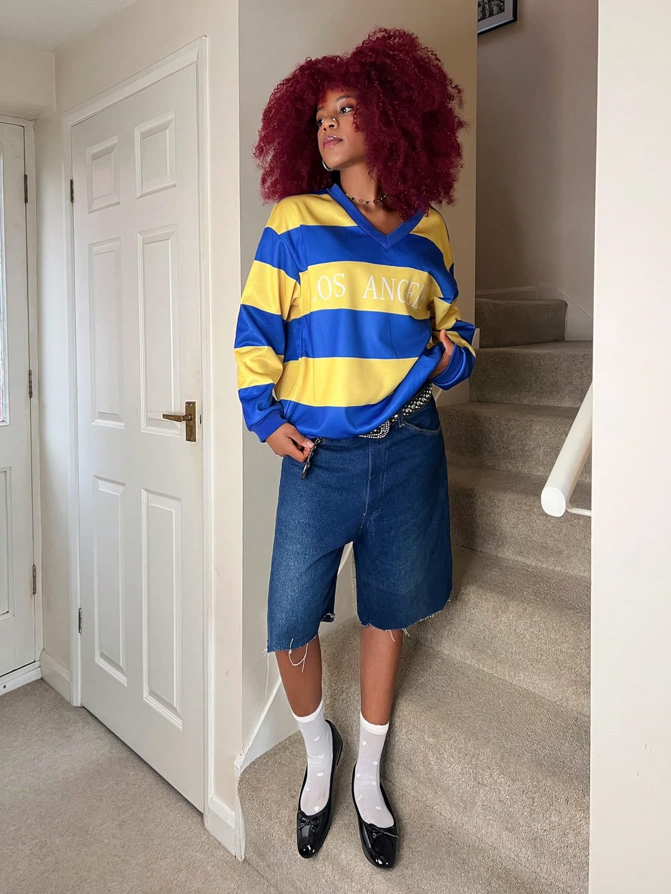 SHEIN Unity Oversized Women Fleece Letter & Stripe Print V-Neck Sweatshirt, Autumn/Winter
