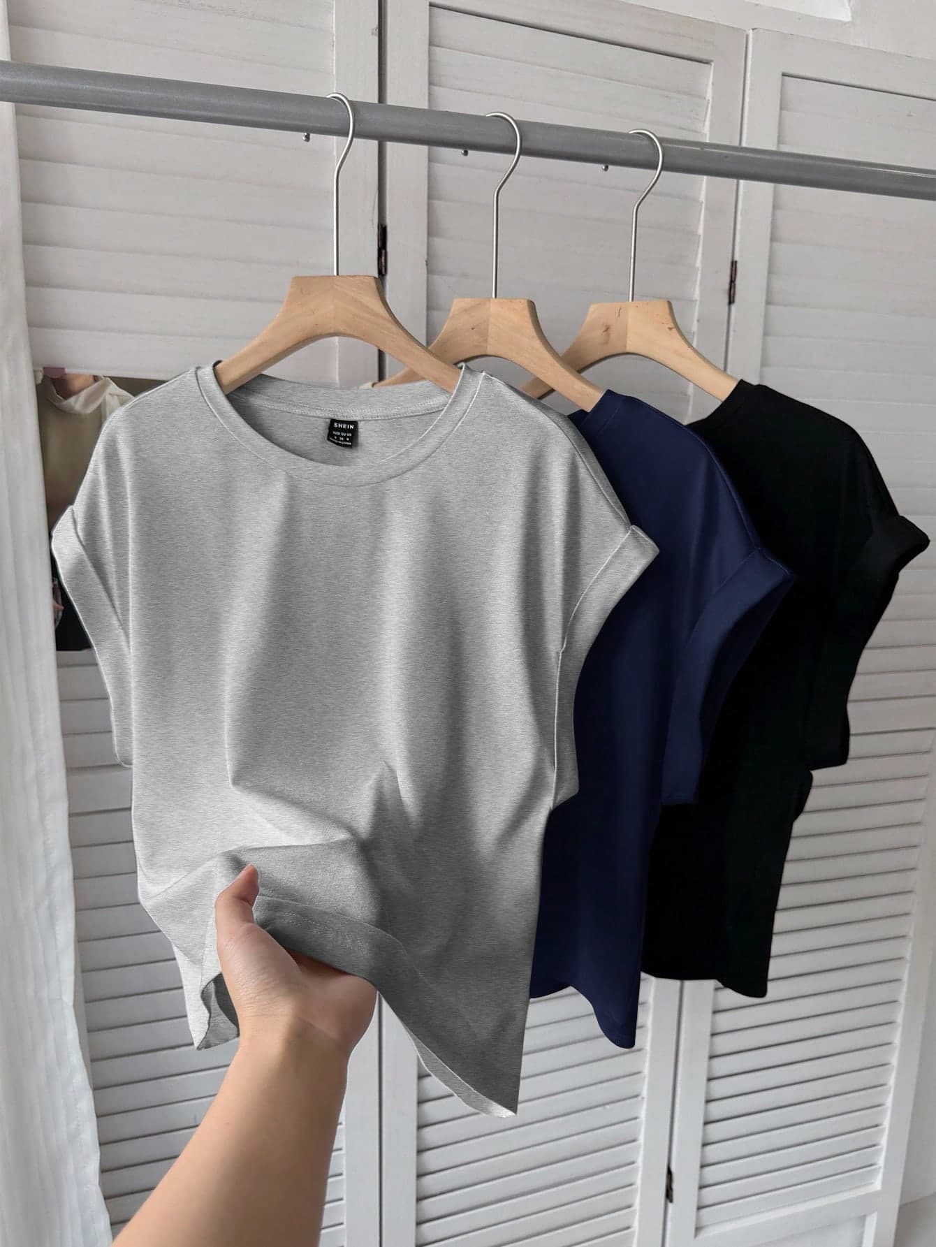SHEIN LUNE 3pcs Women's Casual Solid Color Basic Short Sleeve T-Shirt Plain Simple Comfy Top Home Grey Navy Blue Black Summer