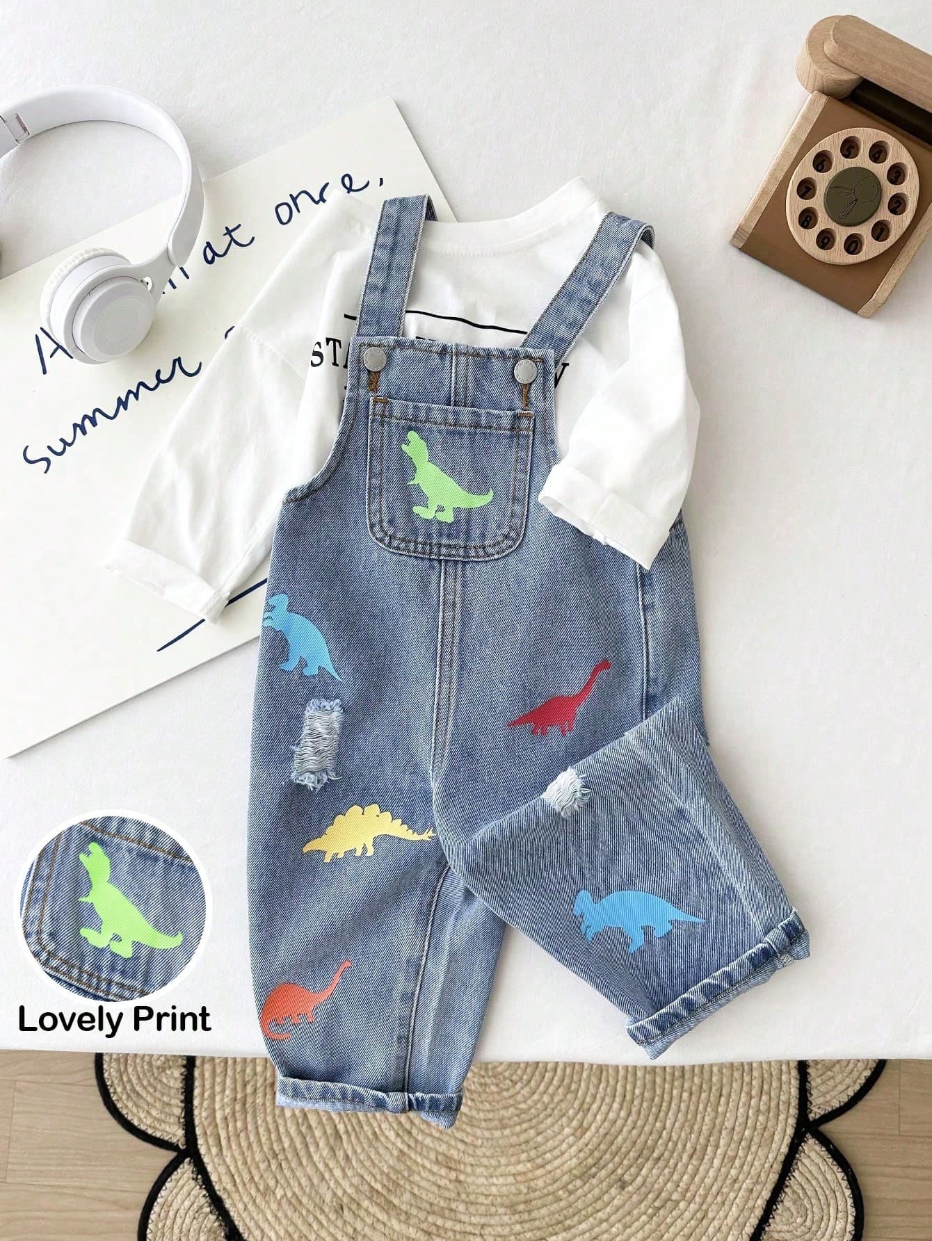 SHEIN Baby Boy Casual Soft Cute Colorful Dinosaur Print Blue Denim Bib Overalls Jumpsuit Fall Winter,For Baby Fall/Winter Dailywear Outfits,Boys Streetwear Outfits,Boys Christmas Outfits,Boys New Year Outfit,Thanksgiving Outfit For Boys,Stylish Clothing Collection,Winter Jeans,Toddler Jeans,Warm Jeans,Cute Graphic Overalls For Baby