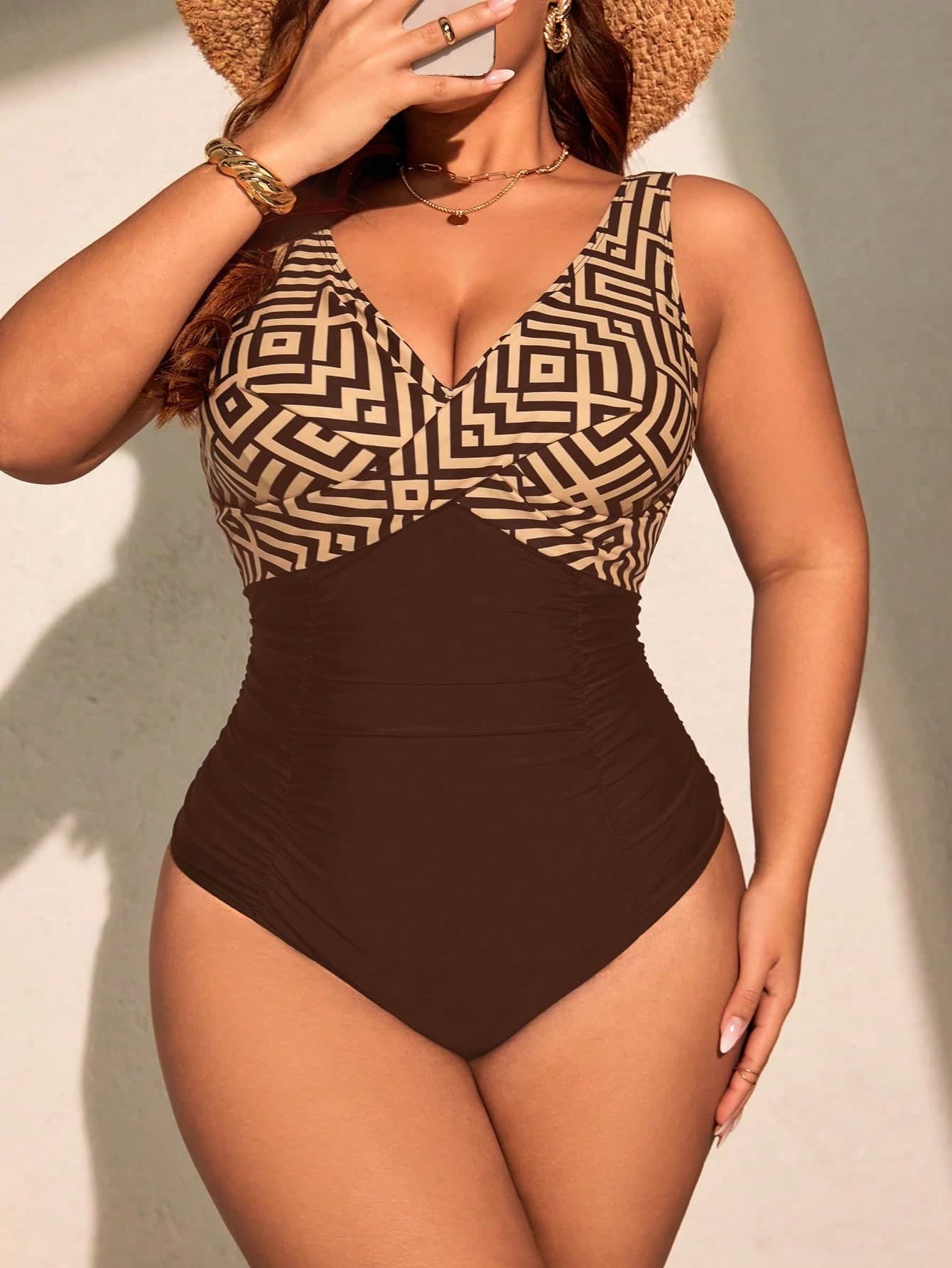 Swim Lushoire 2026 Summer Women's Beach Bikini,Plus Size One-Piece Swimsuit,Tummy Control Swimwear,Ladies Holiday Outfit,Elegant Retro Brown Bathing Suit,Holiday