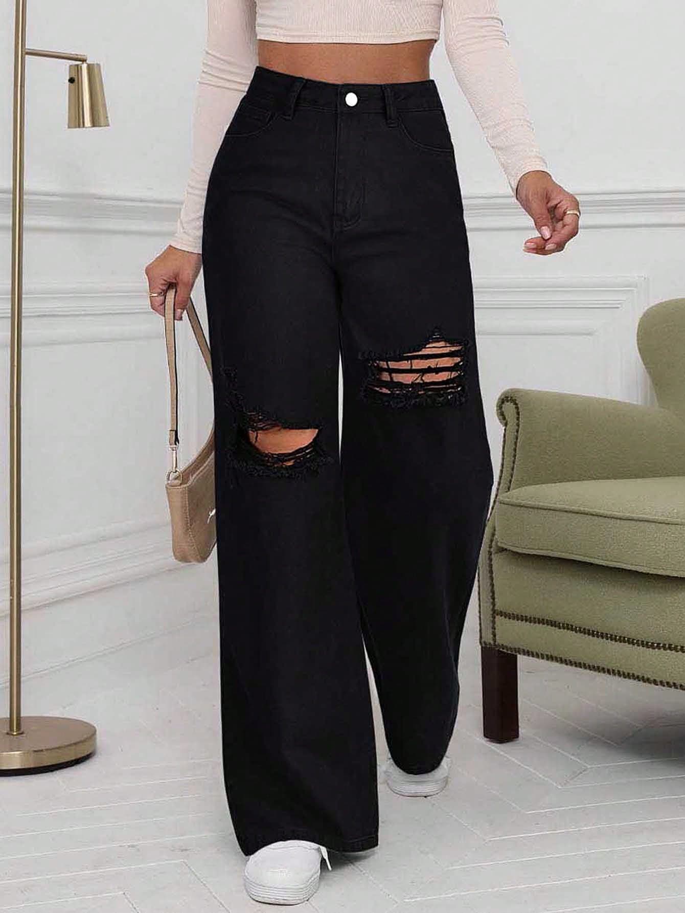 SHEIN ICON Washed Denim Blue High Waist Ripped Wide Leg Jeans