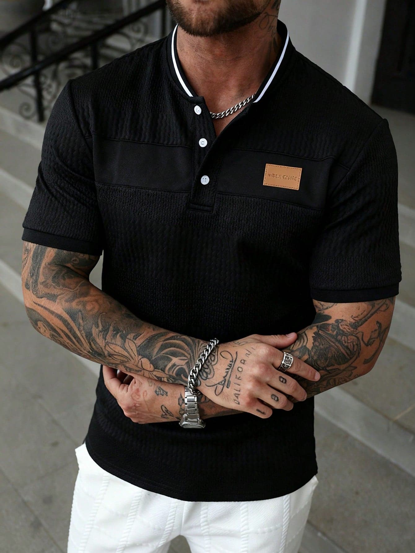 Manfinity Homme Men's Black Summer Casual Letter Print Short Sleeve Polo Shirt,Buttoned Knitted Fashion Tops For Vacation,Old Money Style,Outdoor Activities & Gift, Formal