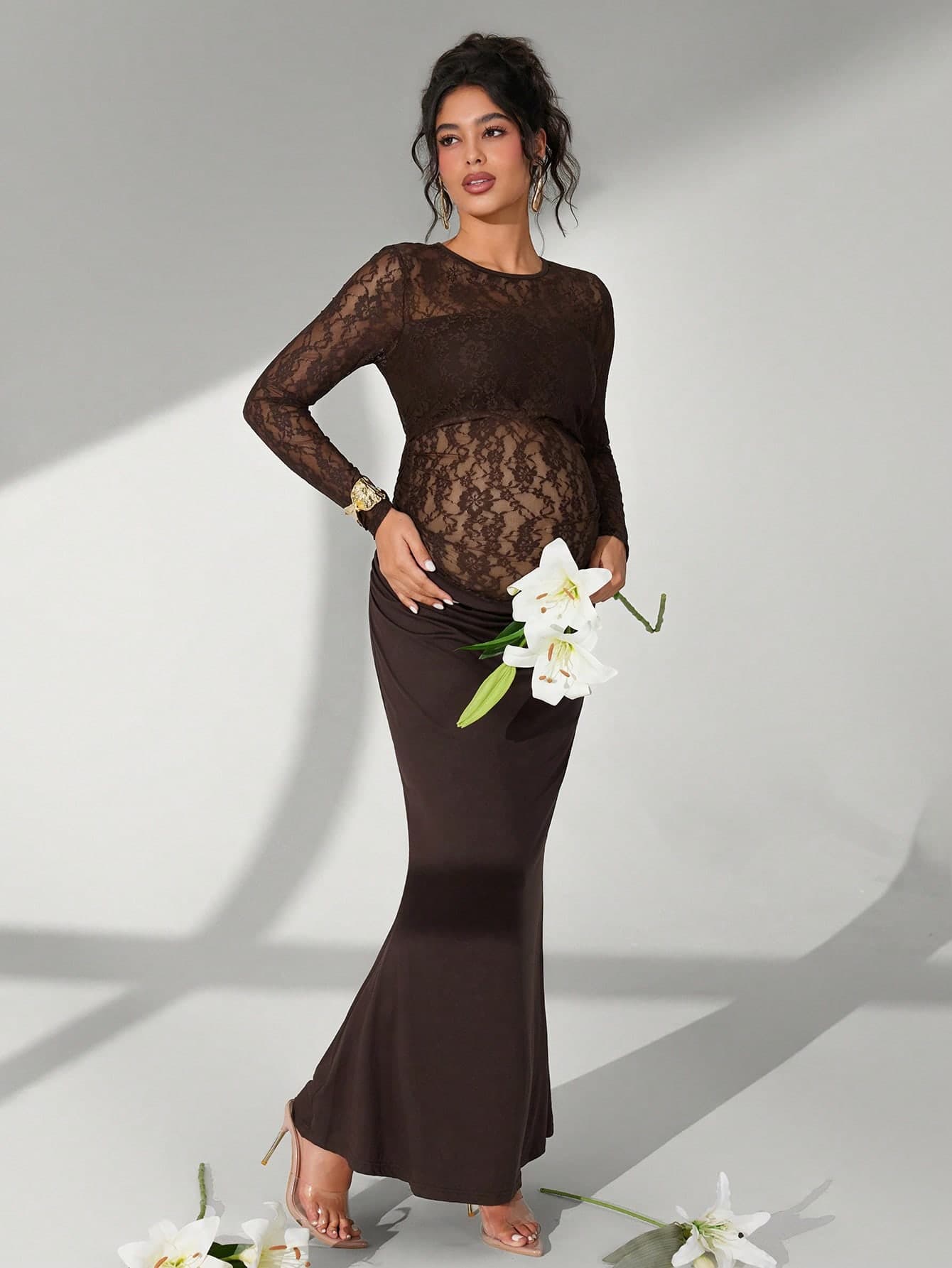 Cheriluna Maternity Solid Color Lace Long Sleeve Long Ruffle Mermaid Hem Maternity Photography Dress