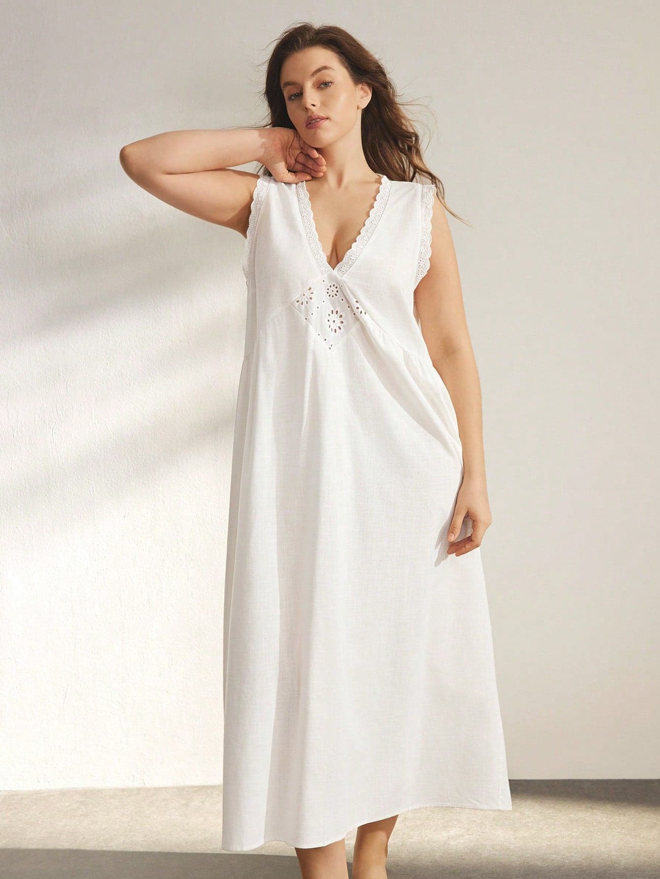 Ocili 100% Cotton Embroidered Comfortable Sleeveless Dress, Leisure Home Dress, Plus Size Nightgown