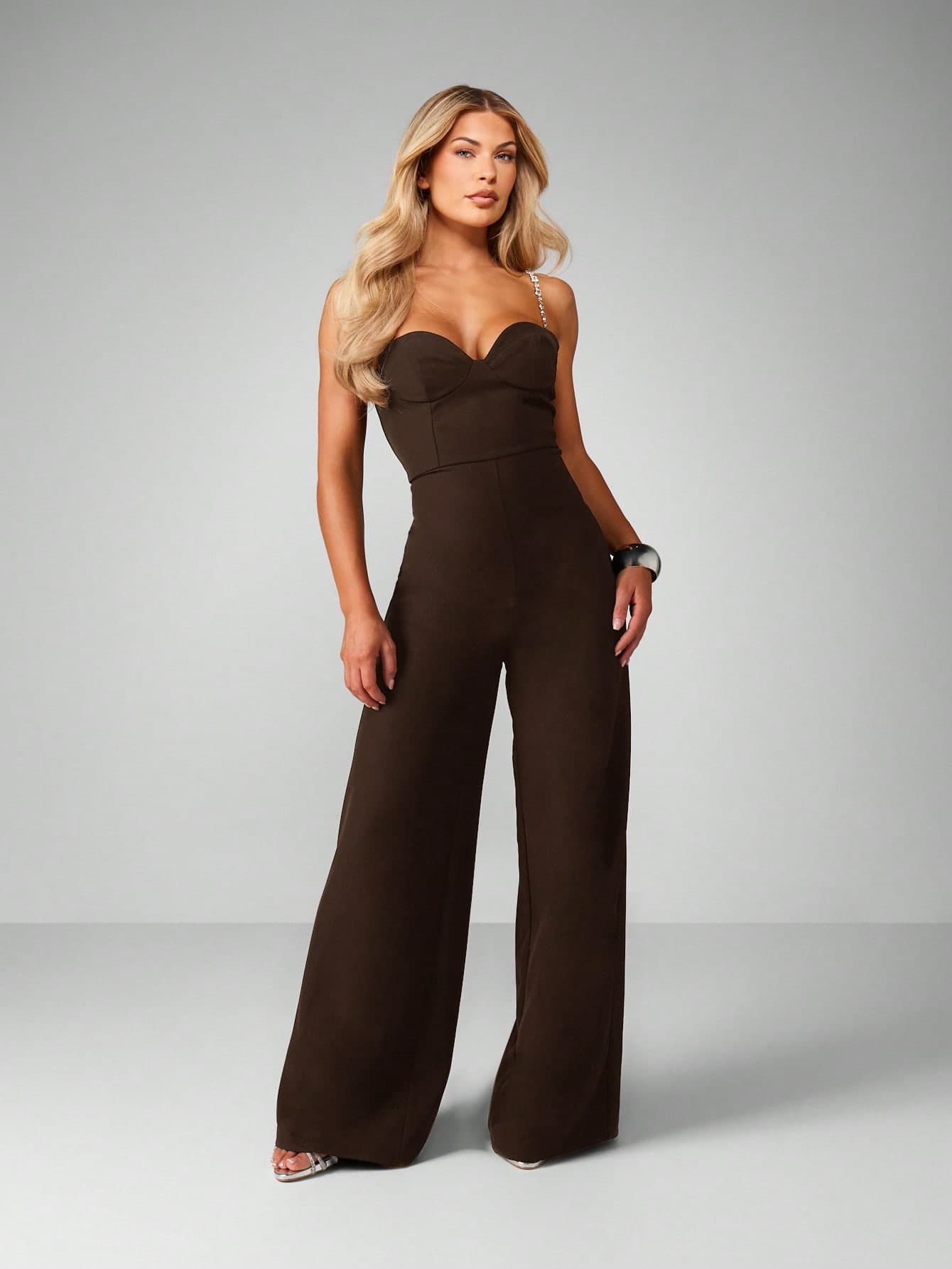 MISSGUIDED Diamante Strap Bustier Wide Leg Jumpsuit With Sweetheart Neckline And Crystal Embellished Straps