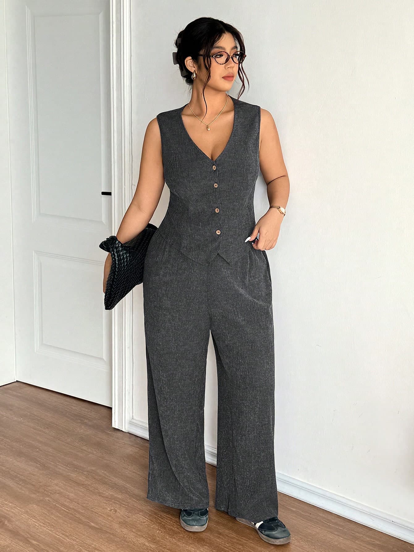 Lounesse Plus Size Women's 2 Pieces Set,Grey Summer Elegant Formal Sleeveless Jumpsuit Pantsuit,Open Front Stylish Office Work Commute Casual Spring Outfit