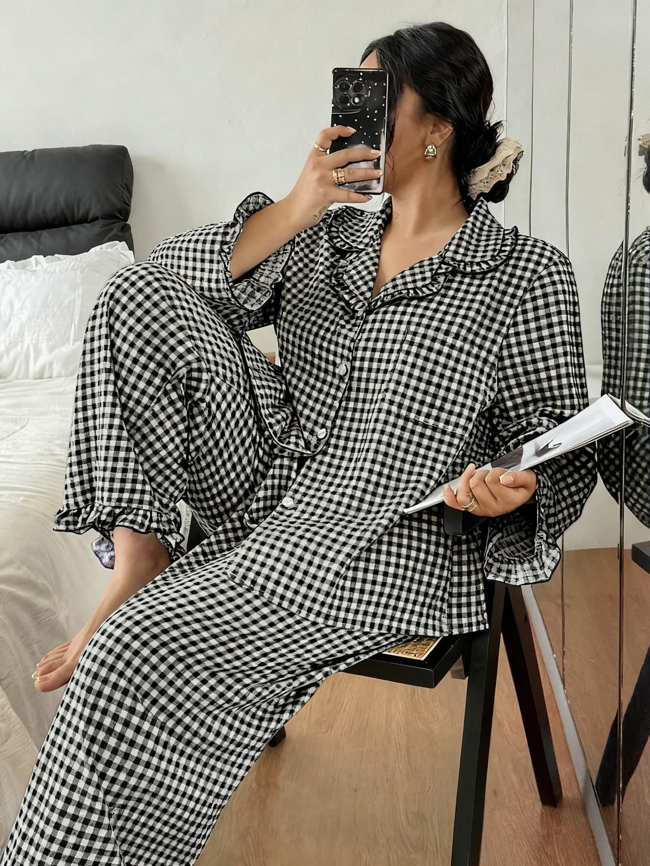 SHEIN Plus Size Plaid Lapel Pajama Set