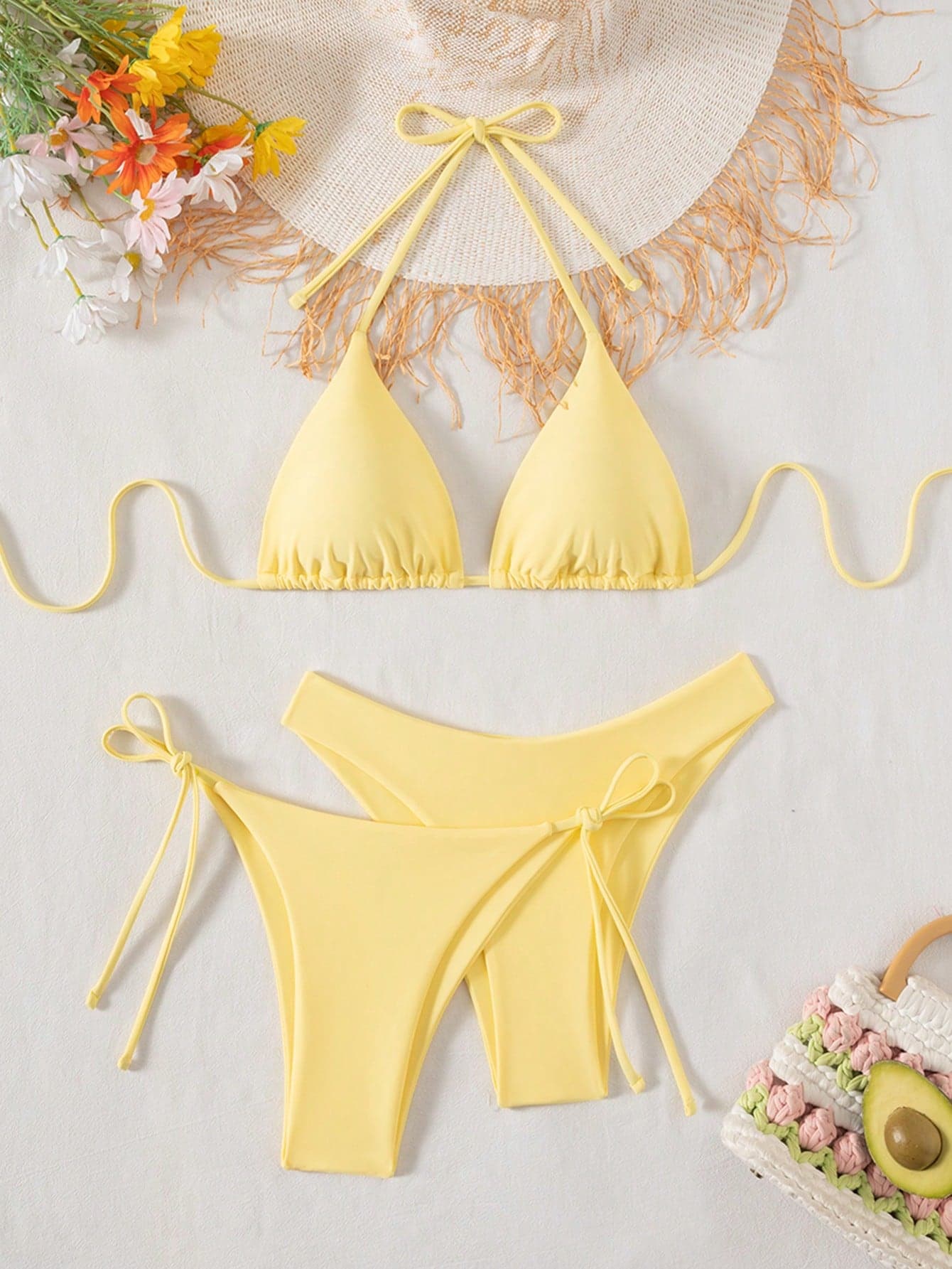 Swim Basics 3pcs Women's Solid Color Vacation Beach Swimwear Set Yellow Bikini Set Yellow Bathing Suit Set Modest Bikini Set Tie Bikini Set
