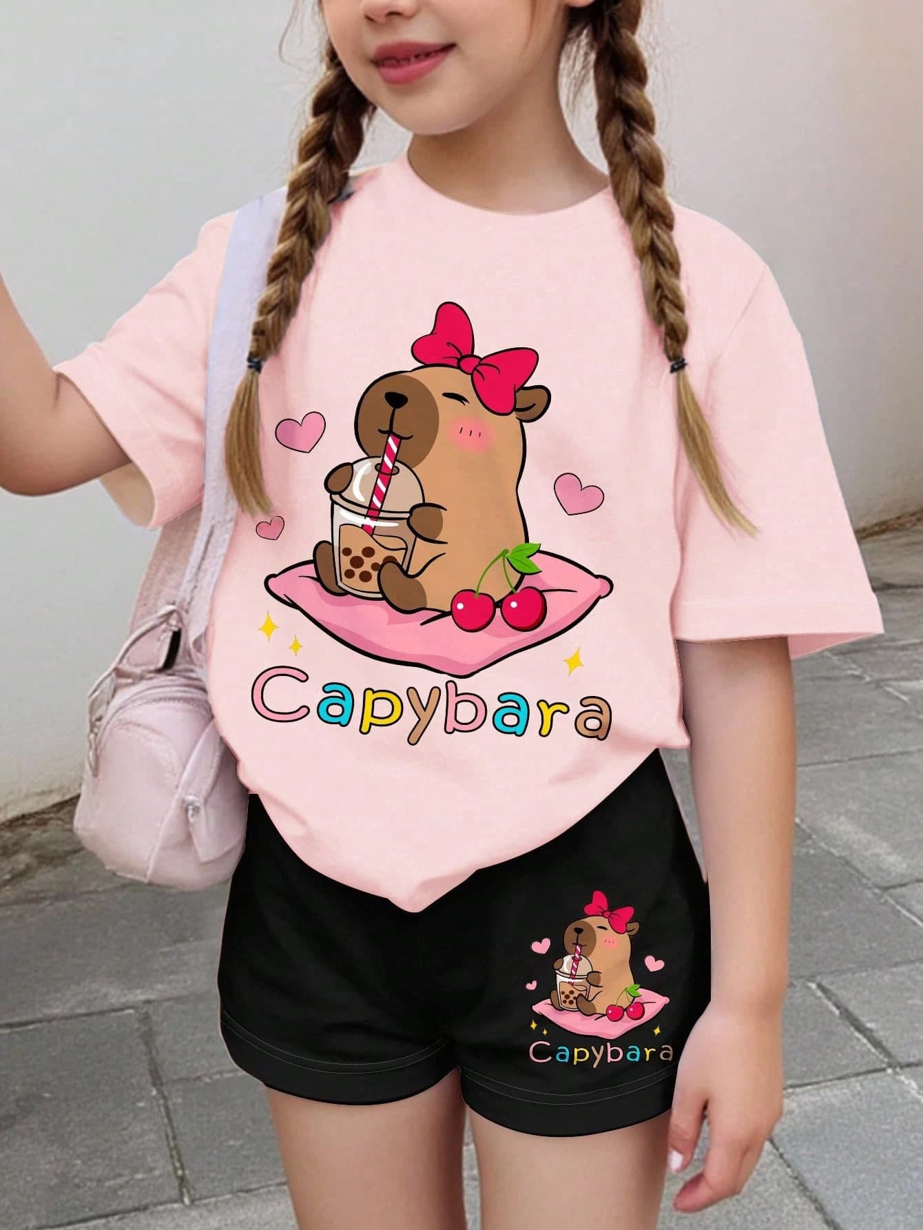SHEIN Leap Crew 2pcs/Set Tween Girls Casual Simple Short Sleeve Top And Shorts Set,Summer Capybara Clothes For Capibara Clothing Girl Cute Shirt Kawaii