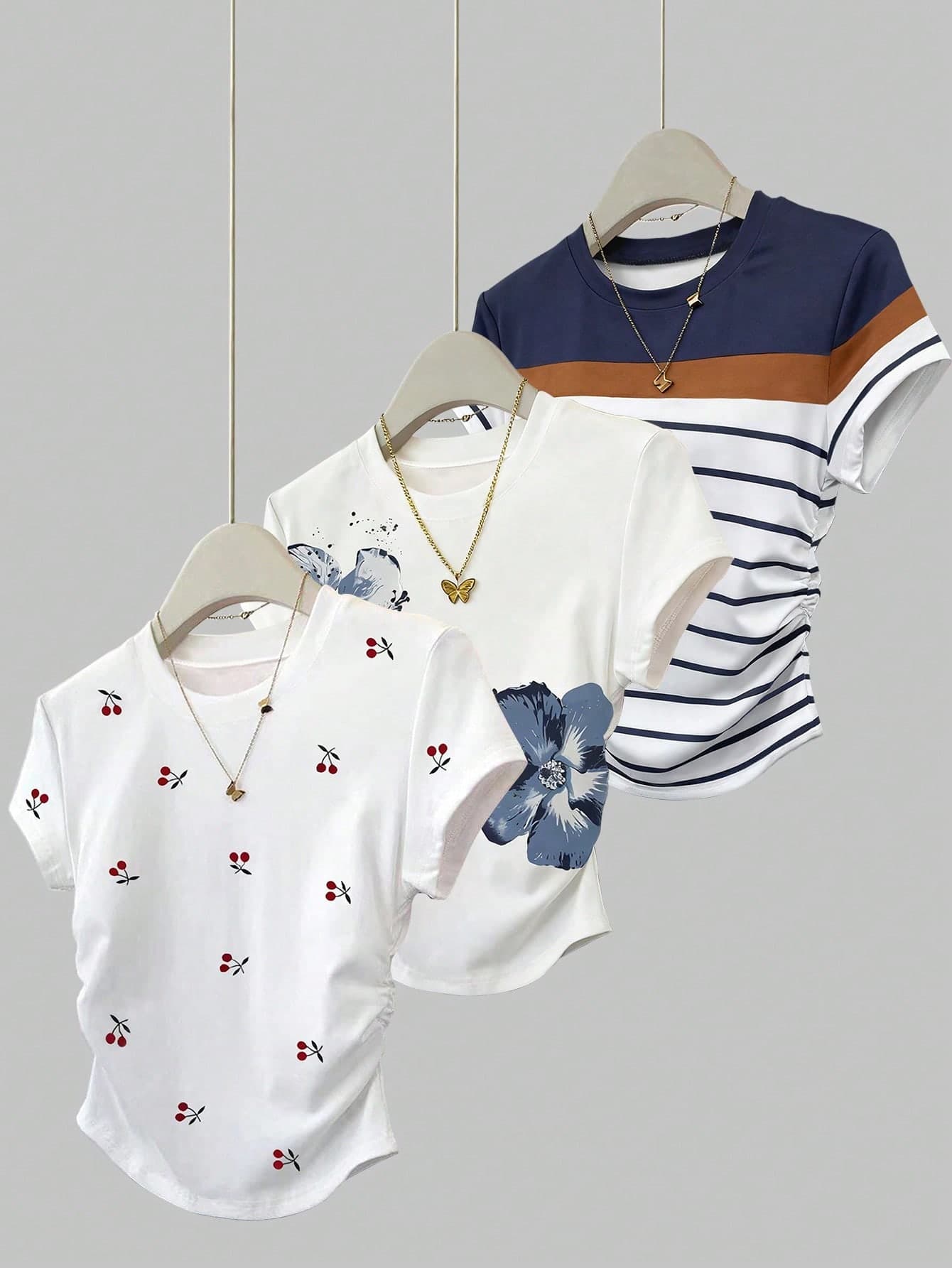 INAWLY 3pcs/Set Women's Summer T-Shirts, White, Navy, Striped, Floral Print, Striped Print, Cherry Fruit Print, Back To School, Casual Wear