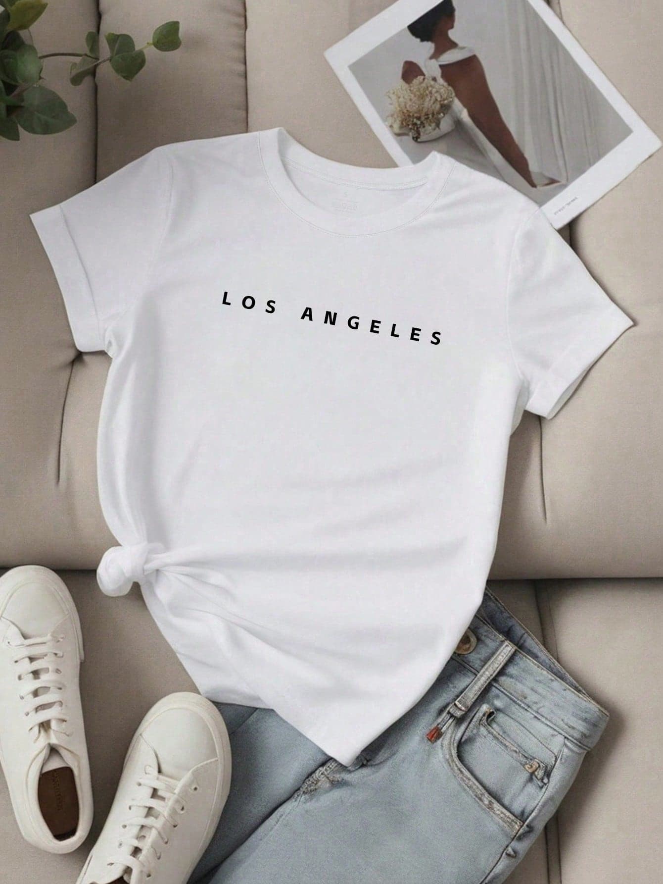 EMERY ROSE Women's Letter Printed Short Sleeve Top LOS ANGELES Graphic Tees Women Tops