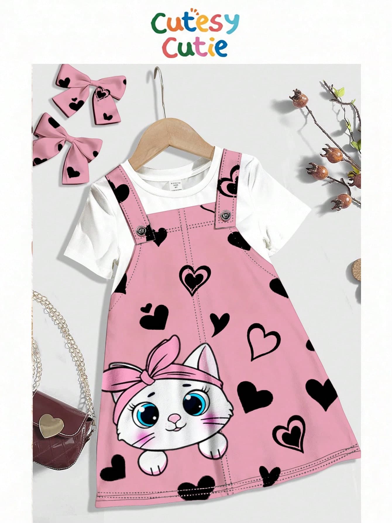 SHEIN Cute Pink Heart & Kitty Print, Baby Girl Casual Loose Cartoon Pattern Round Neck Short Sleeve Dress, Suitable For Summer